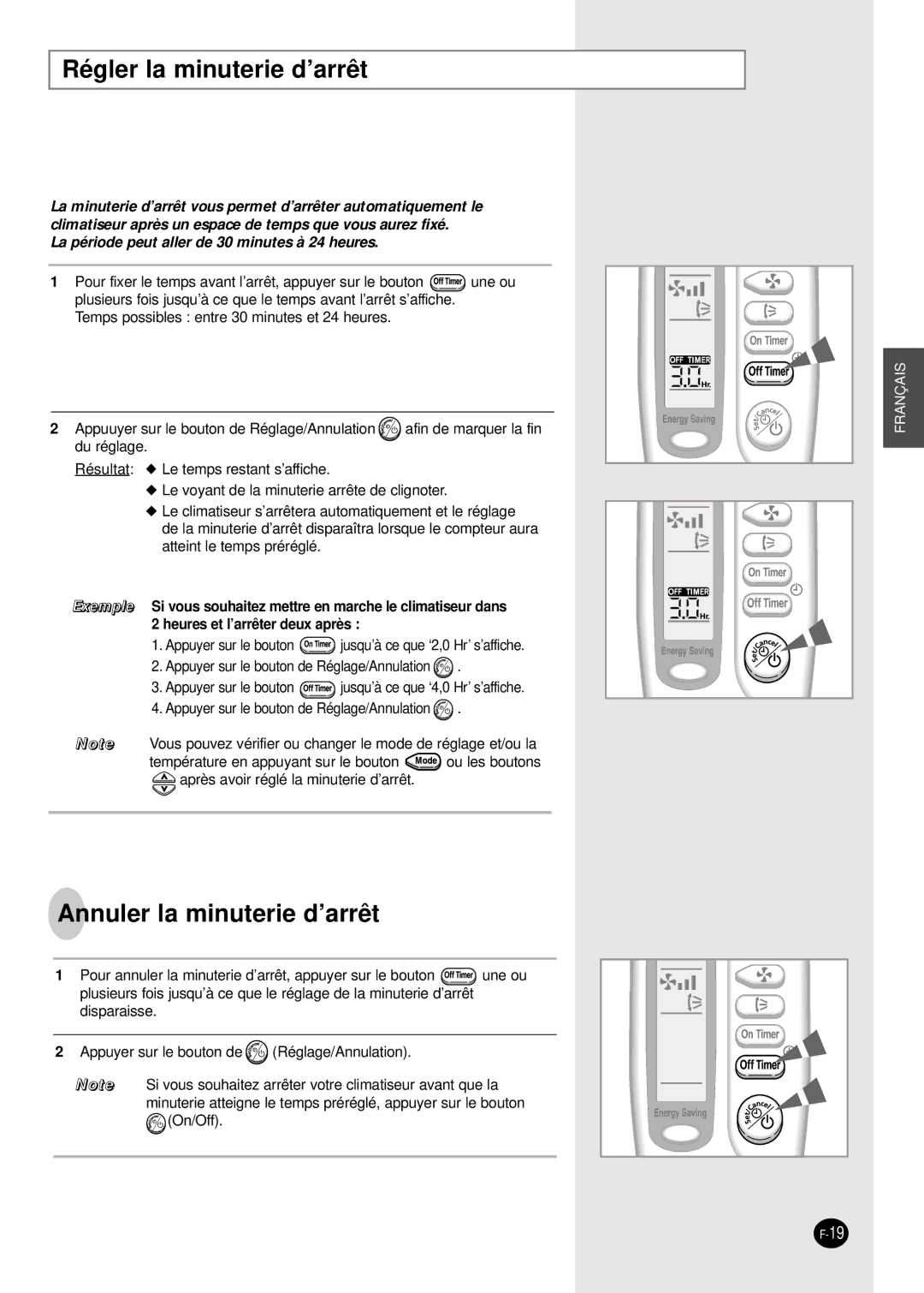 Samsung SH09AS2G, SH18AS0G, SH24AS6X, SH12AS4X, SH07AS2X manual Régler la minuterie d’arrêt, Annuler la minuterie d’arrêt 