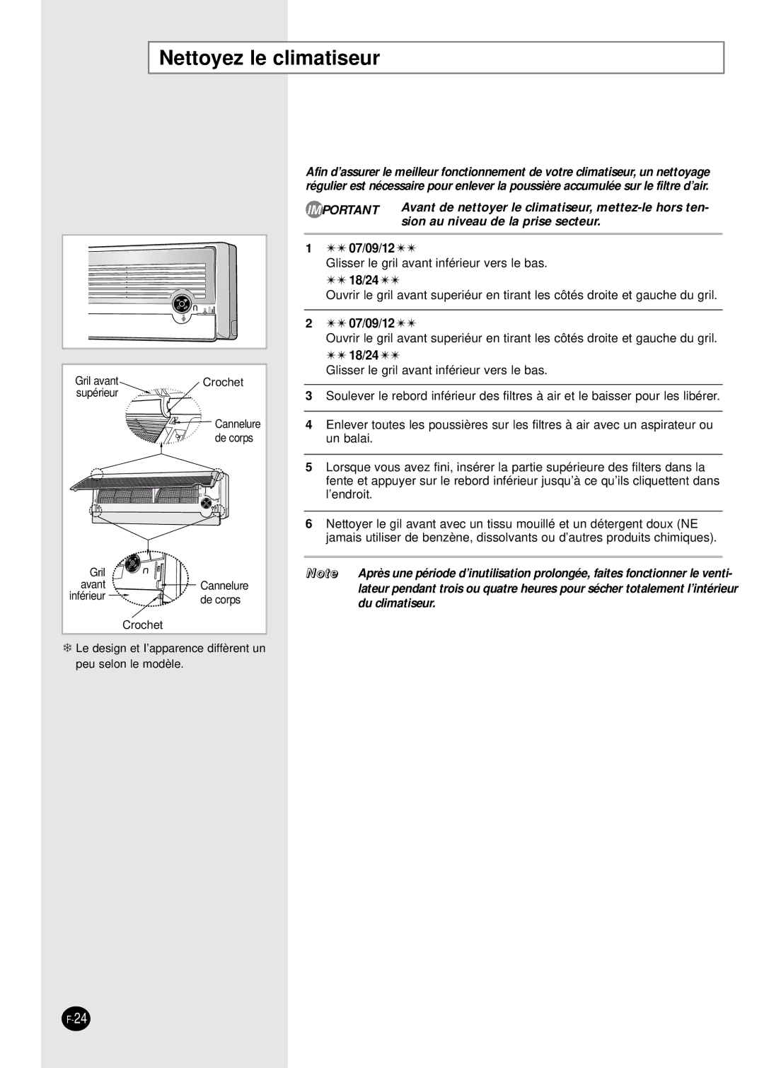 Samsung SH24AS6XG, SH18AS0G, SH09AS2G, SH07AS2X, SH24AS6G, SH12AS4G, SH09AS2X, SH12AS4XG manual Nettoyez le climatiseur 