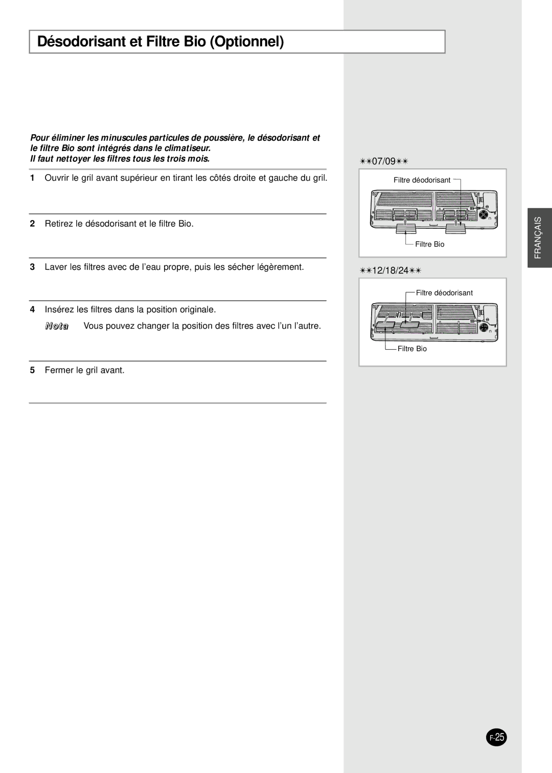 Samsung SH24AS6G, SH18AS0G, SH09AS2G, SH12AS4X, SH07AS2X, SH24AS6XG, SH12AS4G Désodorisant et Filtre Bio Optionnel 