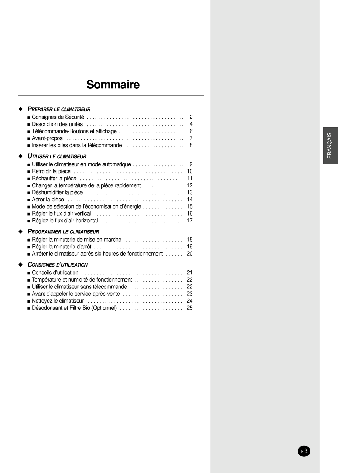 Samsung SH09AS2G, SH18AS0G, SH07AS2X, SH24AS6XG, SH24AS6G, SH12AS4G, SH12AS4XG, SH09AS2XG manual Sommaire 