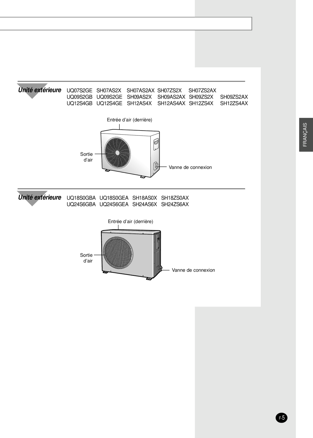 Samsung SH18AS0G, SH09AS2G, SH12AS4X, SH07AS2X, SH24AS6XG, SH24AS6G, SH12AS4G, SH09AS2X manual Unité extérieure UQ07S2GE 