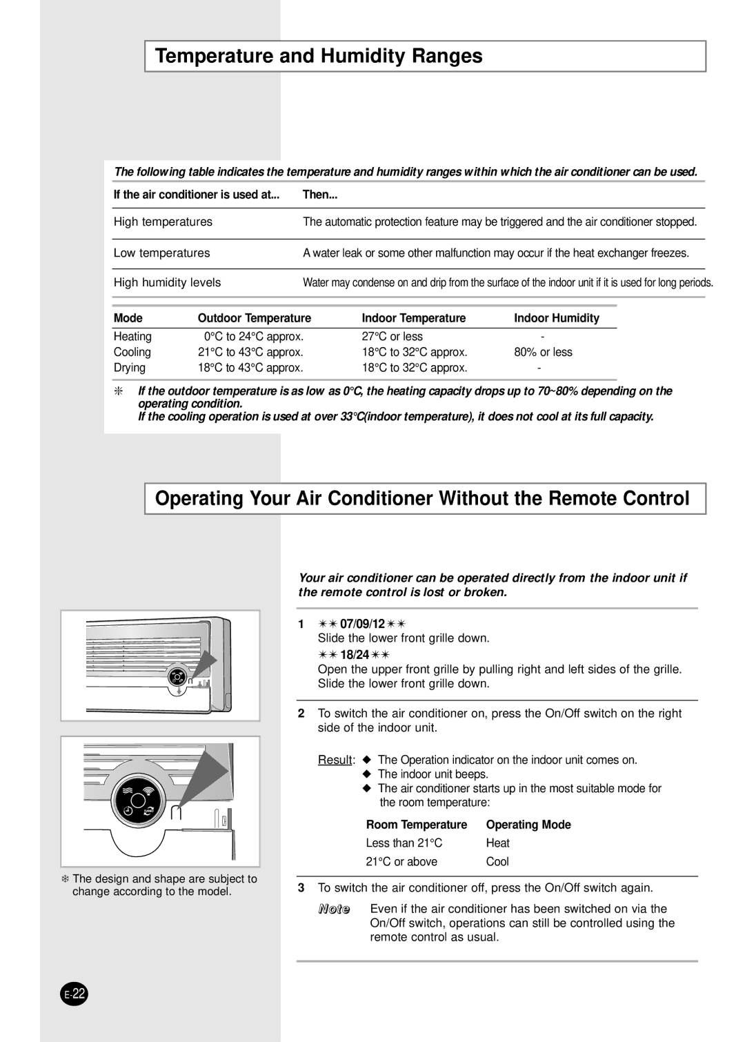 Samsung SH12AS4X, SH18AS0G manual Temperature and Humidity Ranges, Operating Your Air Conditioner Without the Remote Control 