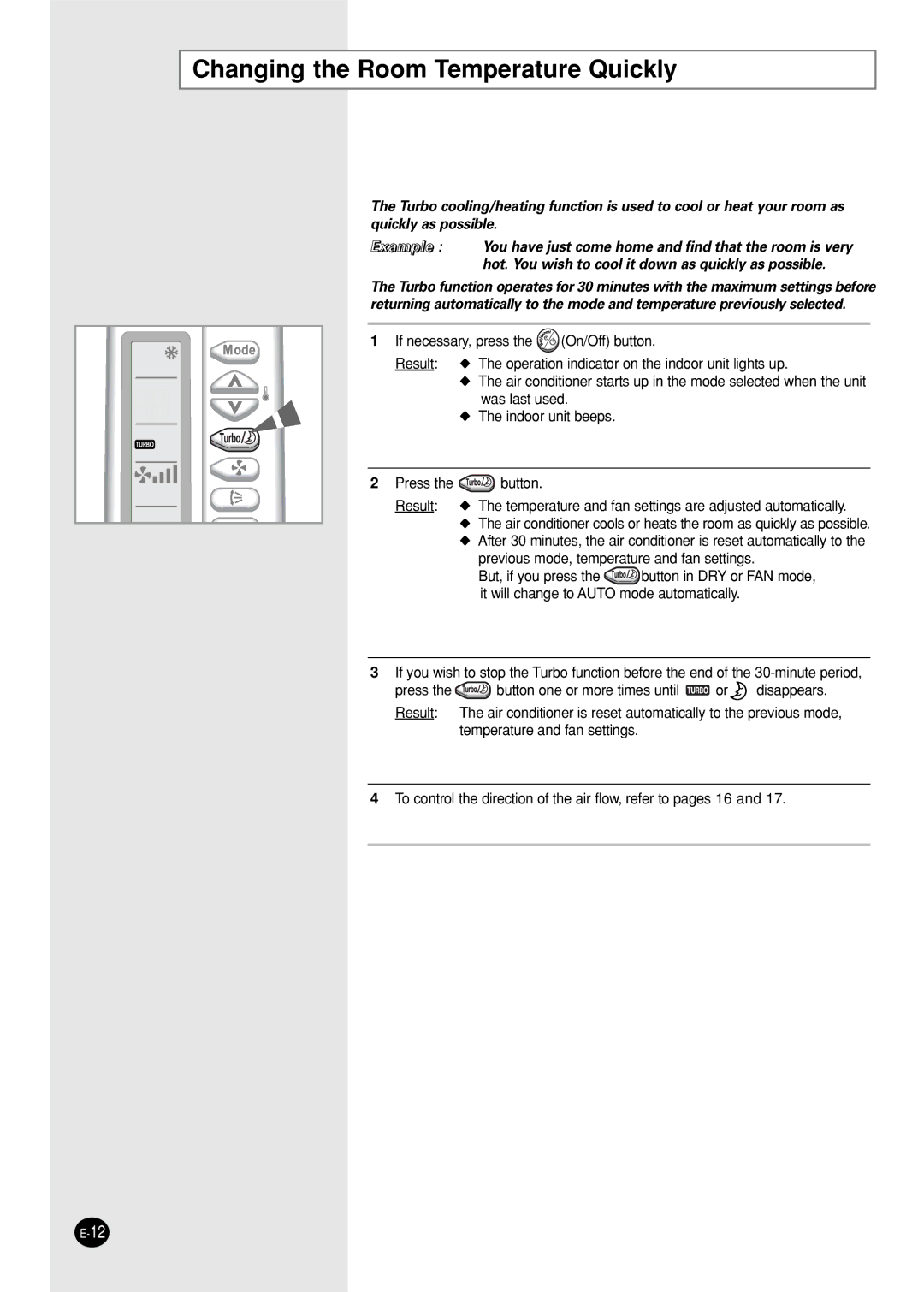 Samsung SH18AS0G, SH18AS0XG manual Changing the Room Temperature Quickly 