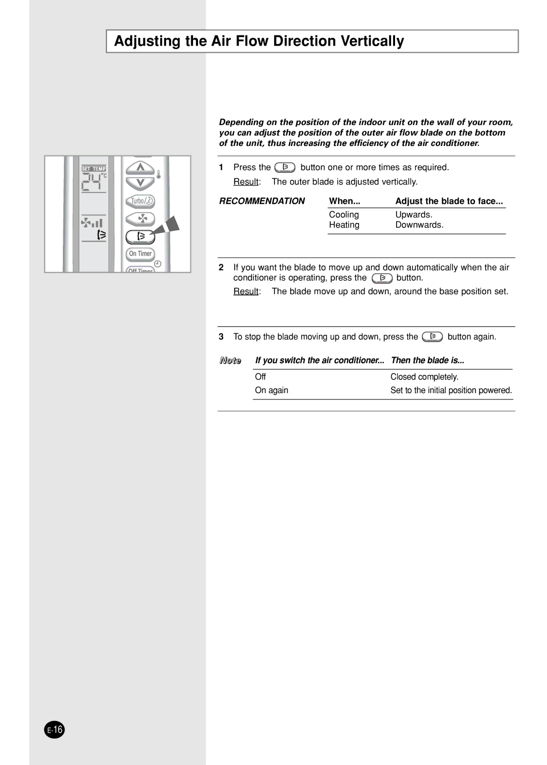 Samsung SH18AS0G, SH18AS0XG manual Adjusting the Air Flow Direction Vertically, Recommendation 