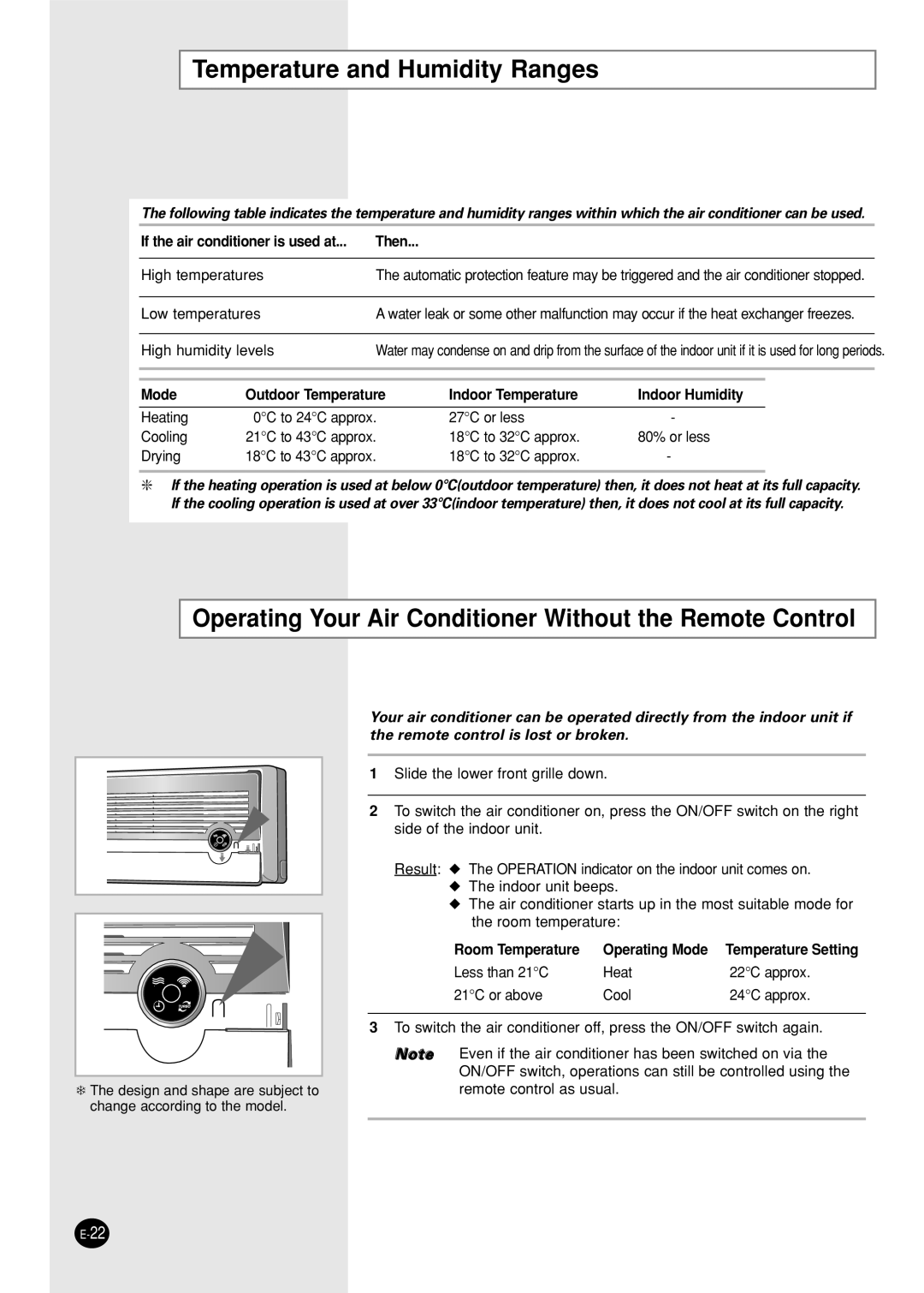 Samsung SH18AS0XG, SH18AS0G Temperature and Humidity Ranges, Operating Your Air Conditioner Without the Remote Control 