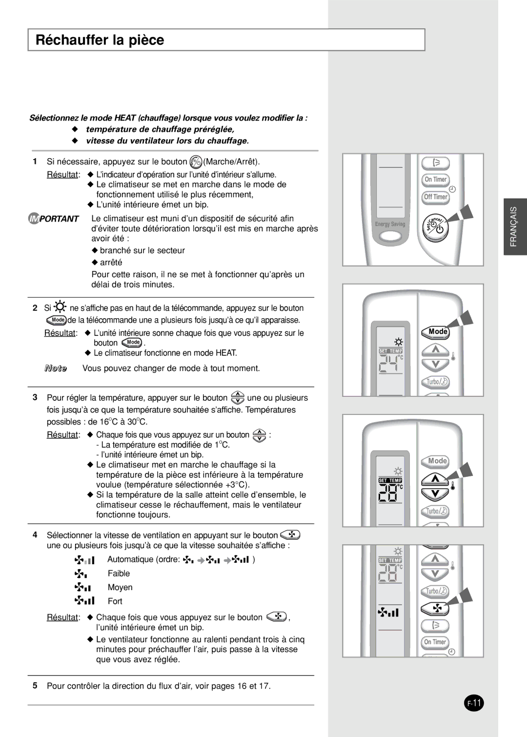 Samsung SH18AS0G, SH18AS0XG manual Réchauffer la pièce 