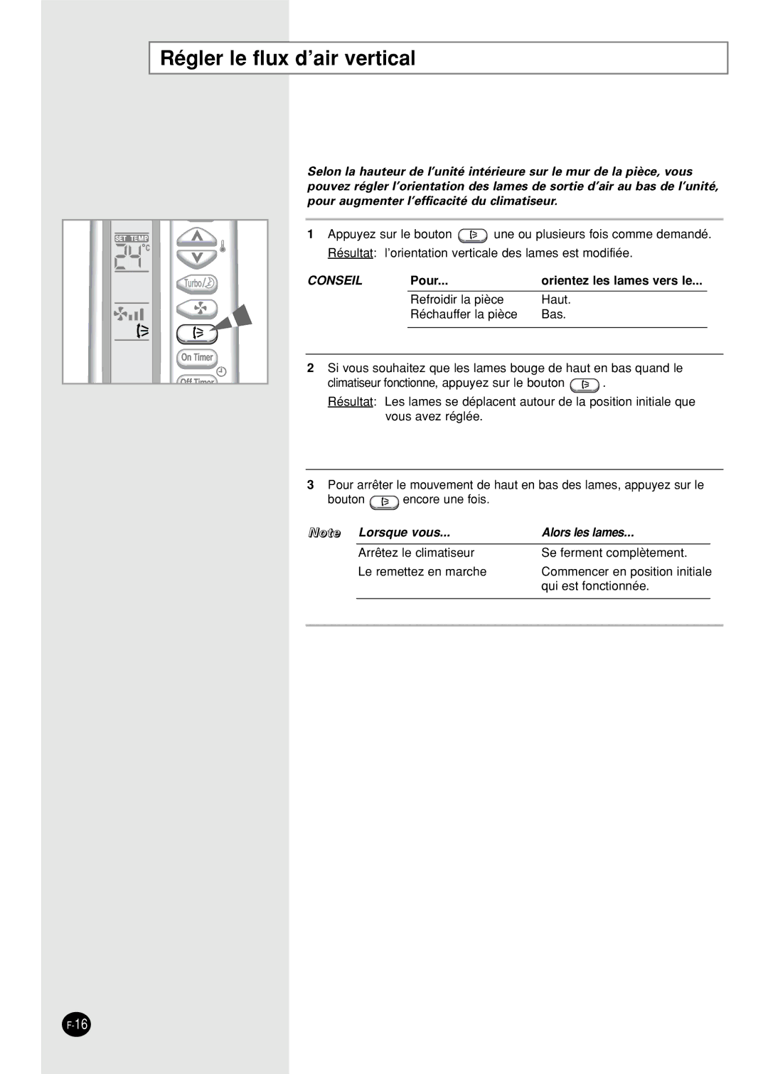 Samsung SH18AS0G, SH18AS0XG manual Régler le flux d’air vertical, Conseil 