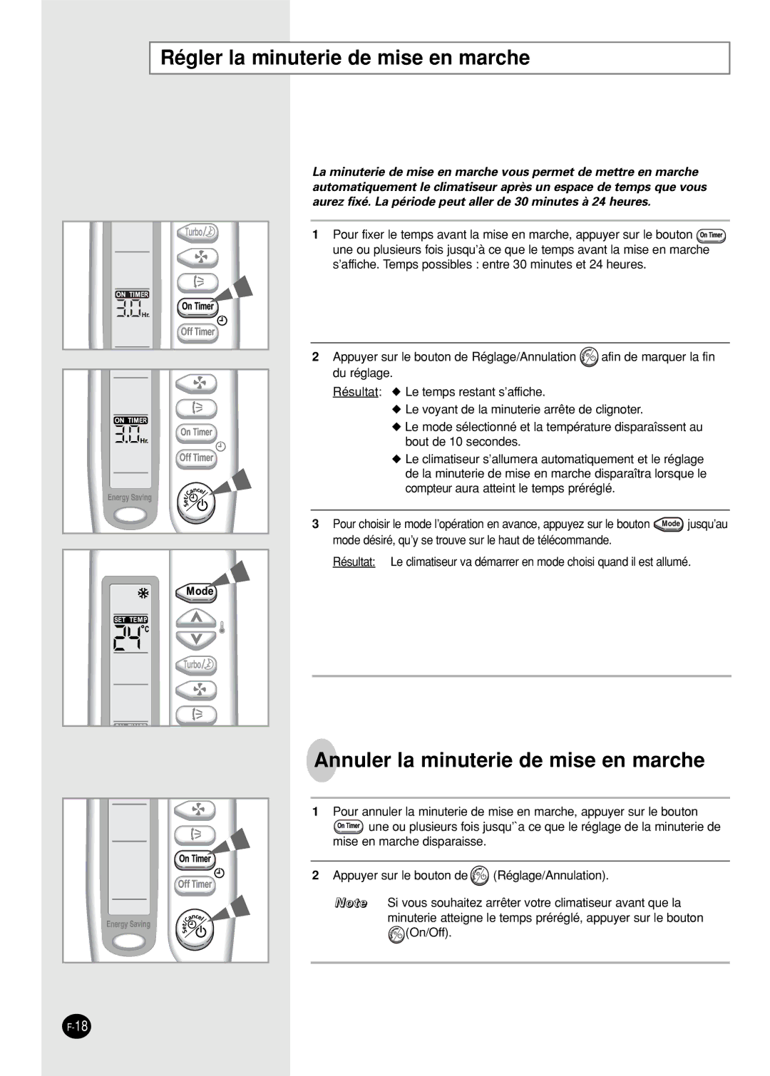 Samsung SH18AS0XG, SH18AS0G manual Régler la minuterie de mise en marche, Annuler la minuterie de mise en marche 