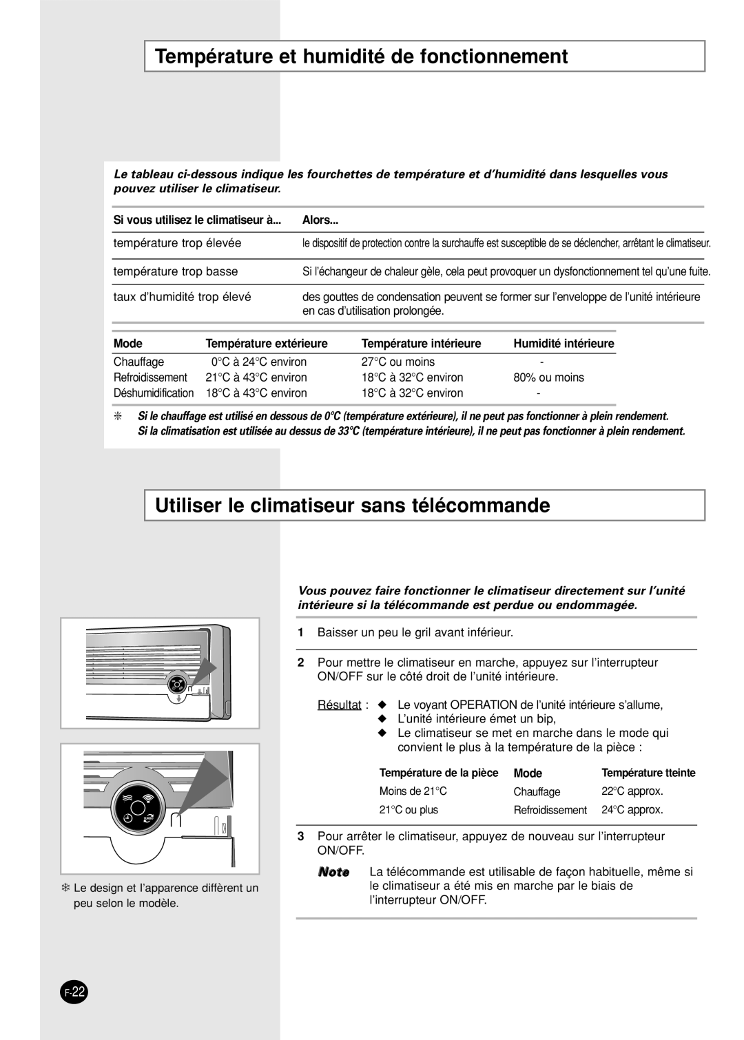 Samsung SH18AS0XG, SH18AS0G manual Température et humidité de fonctionnement, Utiliser le climatiseur sans télécommande 