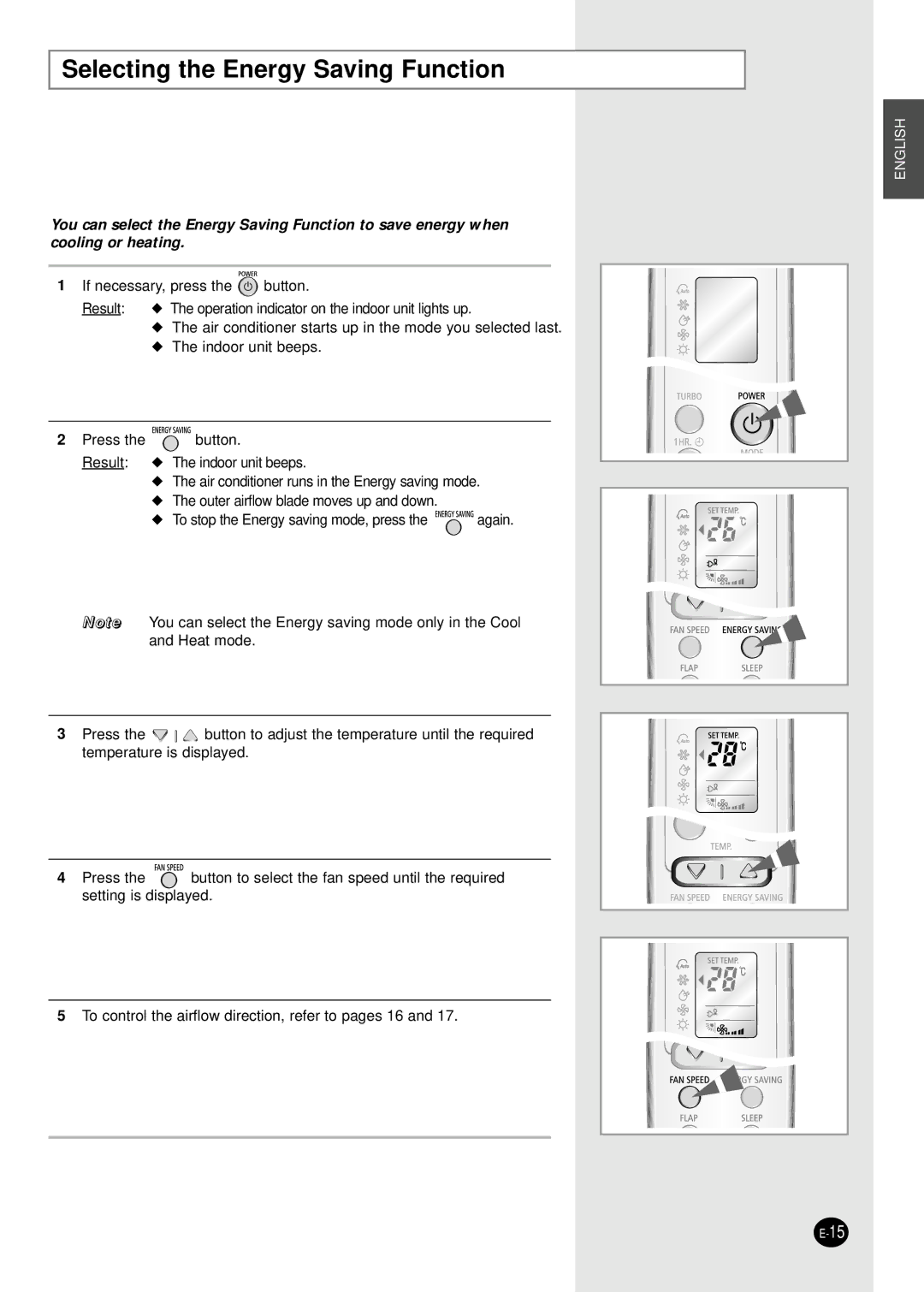 Samsung SH18ZWJ/XFO, SH18AW6X, SH24AW6X, AQ24W6WE/AFR, SH24ZW6X, SH18ZWJX manual Selecting the Energy Saving Function 