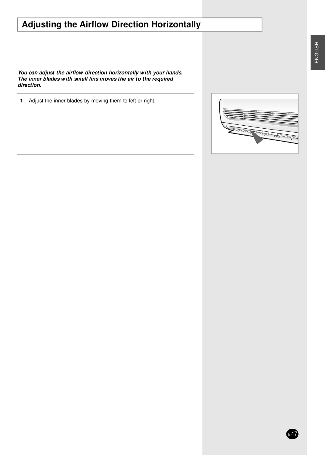 Samsung SH18AW6X, SH24AW6X, AQ24W6WE/AFR, SH24ZW6X, SH18ZWJX manual Adjusting the Airflow Direction Horizontally 