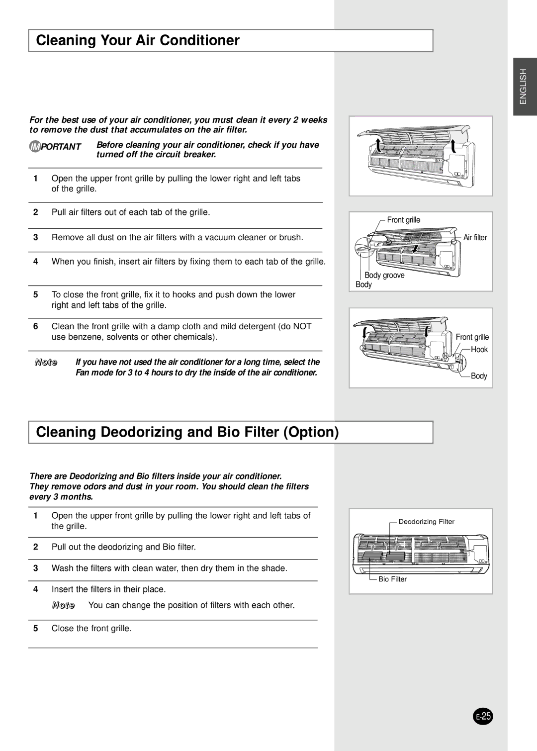 Samsung SH24ZW6, SH18AW6X, SH24AW6X, SH18ZWJ Cleaning Your Air Conditioner, Cleaning Deodorizing and Bio Filter Option 