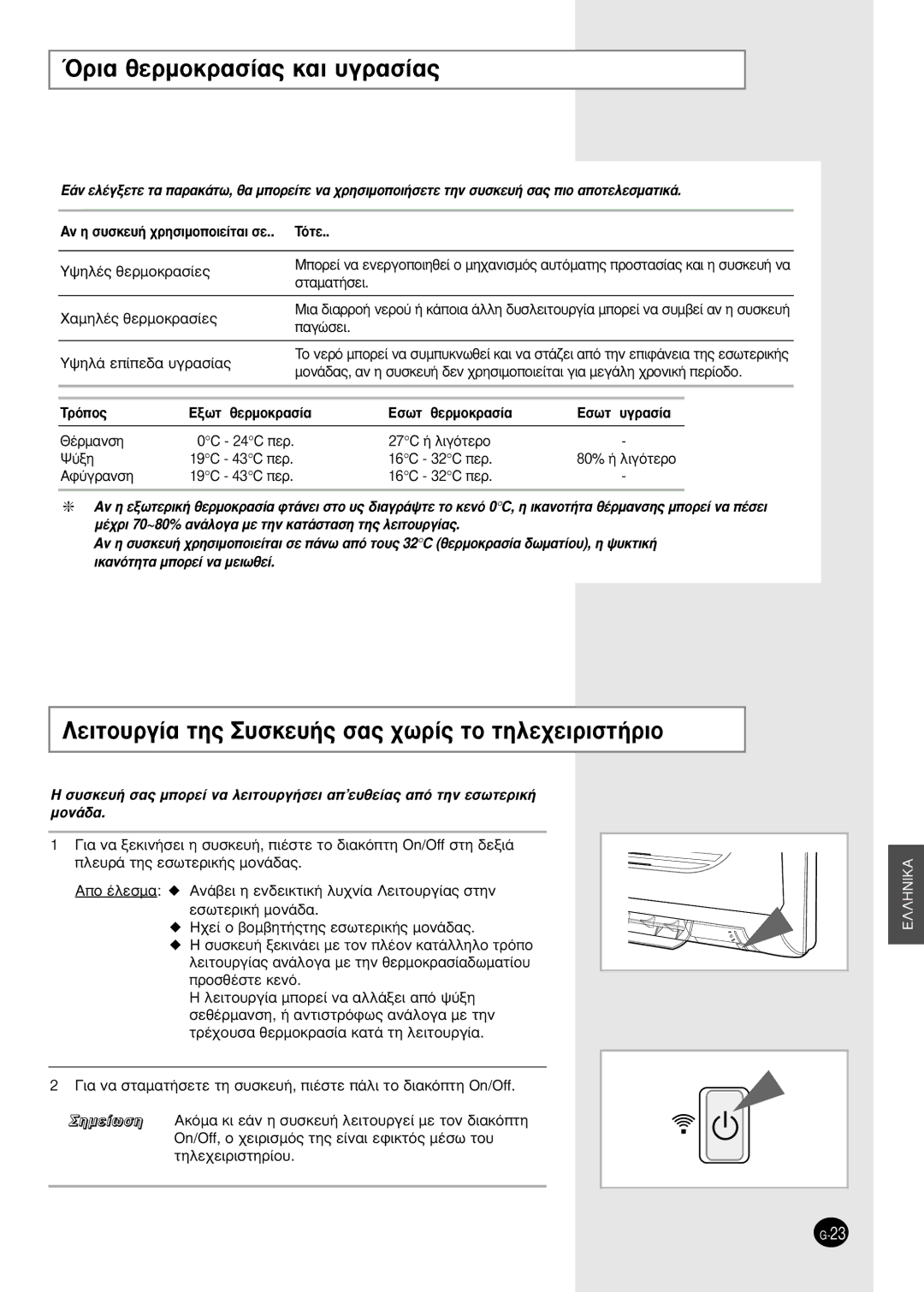 Samsung SH24ZW6, SH18AW6, SH24AW6 manual ŸÚÈ· ıÂÚÌÔÎÚ·Û›·˜ Î·È ˘ÁÚ·Û›·˜, §Âèùô˘Úá›· Ùë˜ ˘Ûîâ˘‹˜ Û·˜ ¯ˆú›˜ Ùô Ùëïâ¯Âèúèûù‹Úèô 