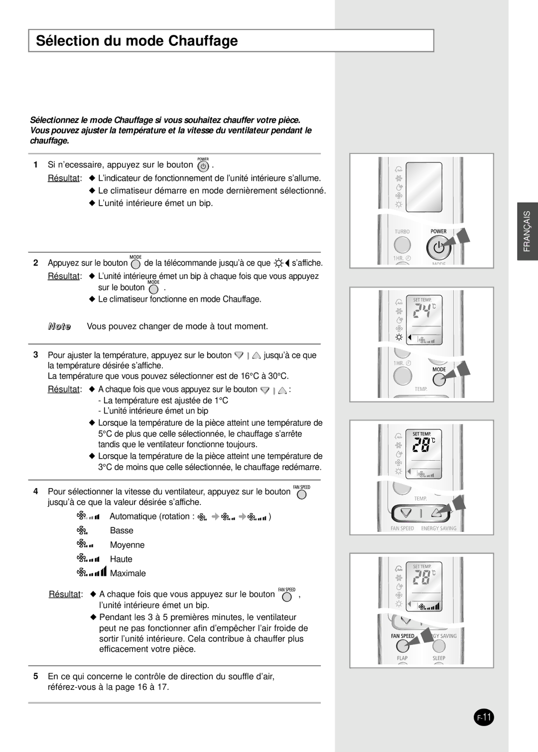 Samsung SH24AW6X, SH18AW6X manual Sélection du mode Chauffage 