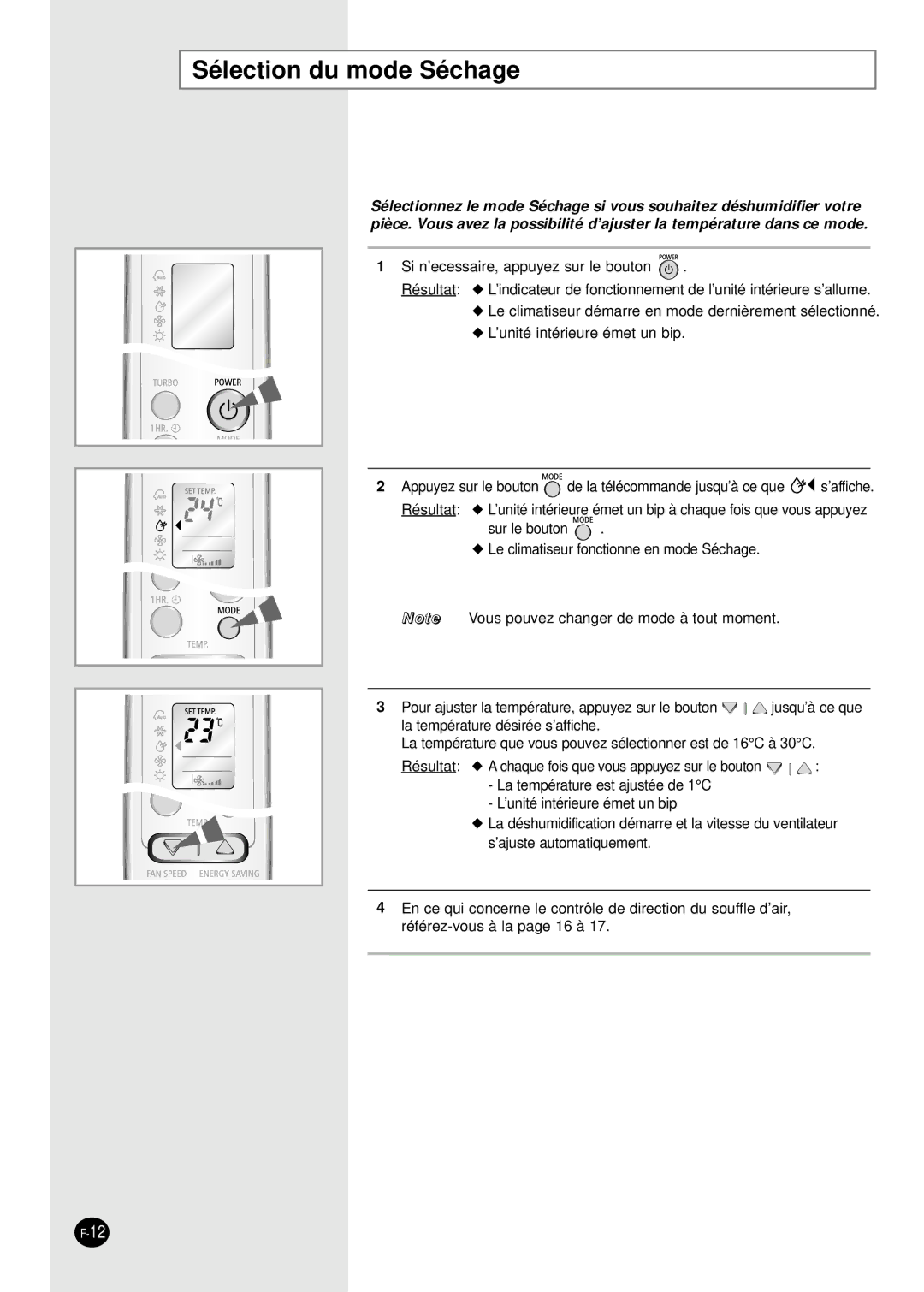 Samsung SH18AW6X, SH24AW6X manual Sélection du mode Séchage 