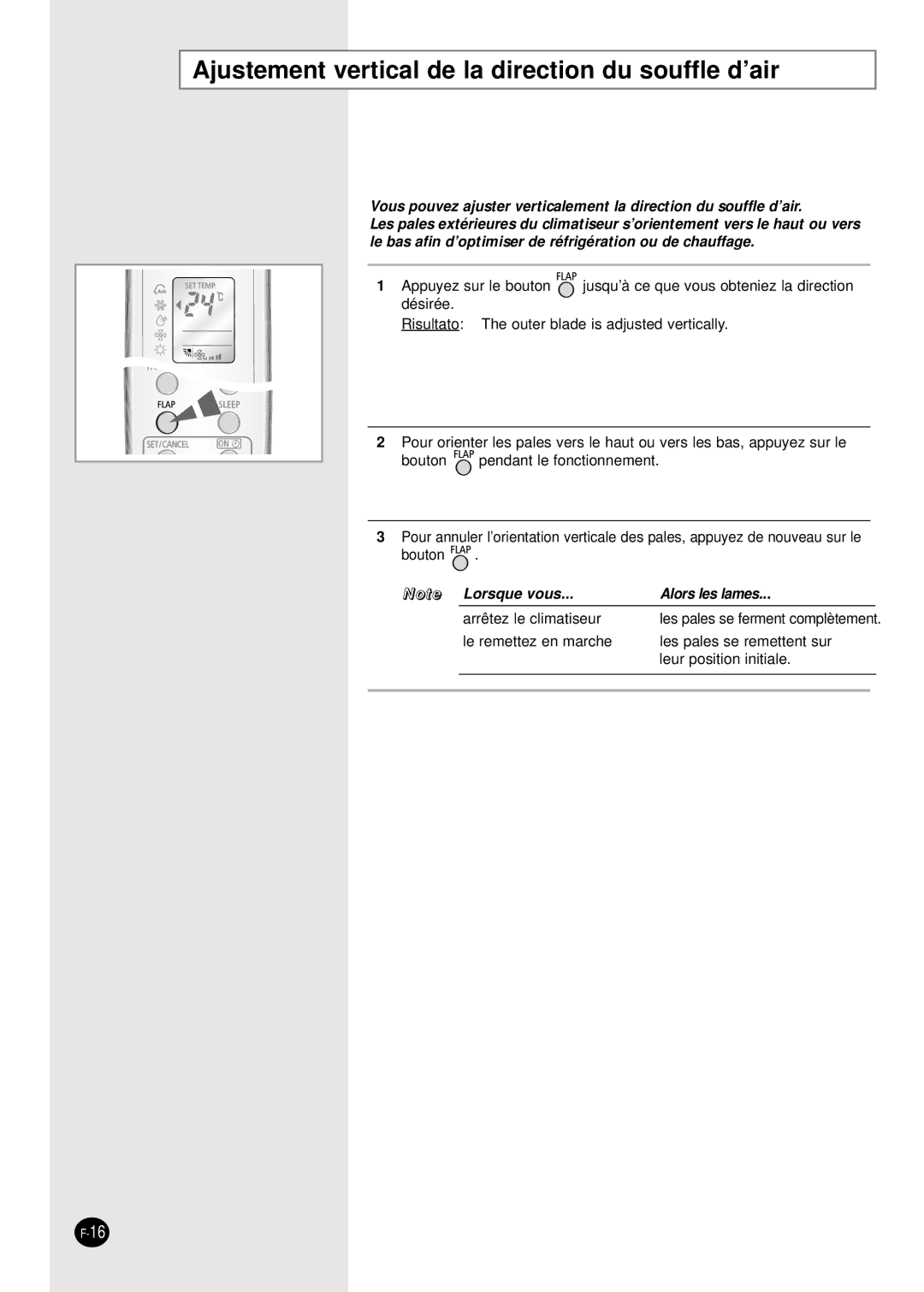 Samsung SH18AW6X, SH24AW6X manual Ajustement vertical de la direction du souffle d’air, Alors les lames 