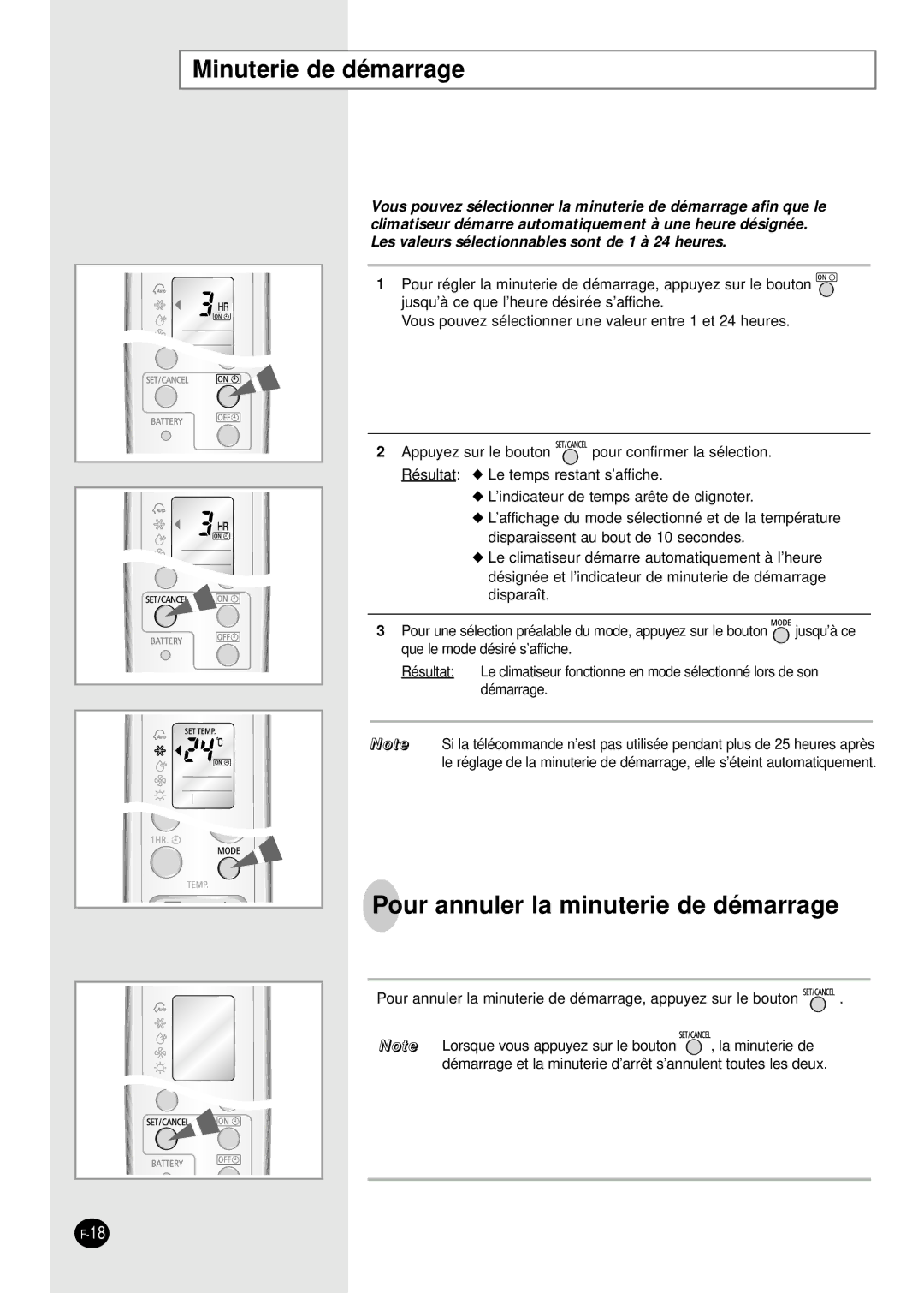 Samsung SH18AW6X, SH24AW6X manual Minuterie de démarrage, Pour annuler la minuterie de démarrage 