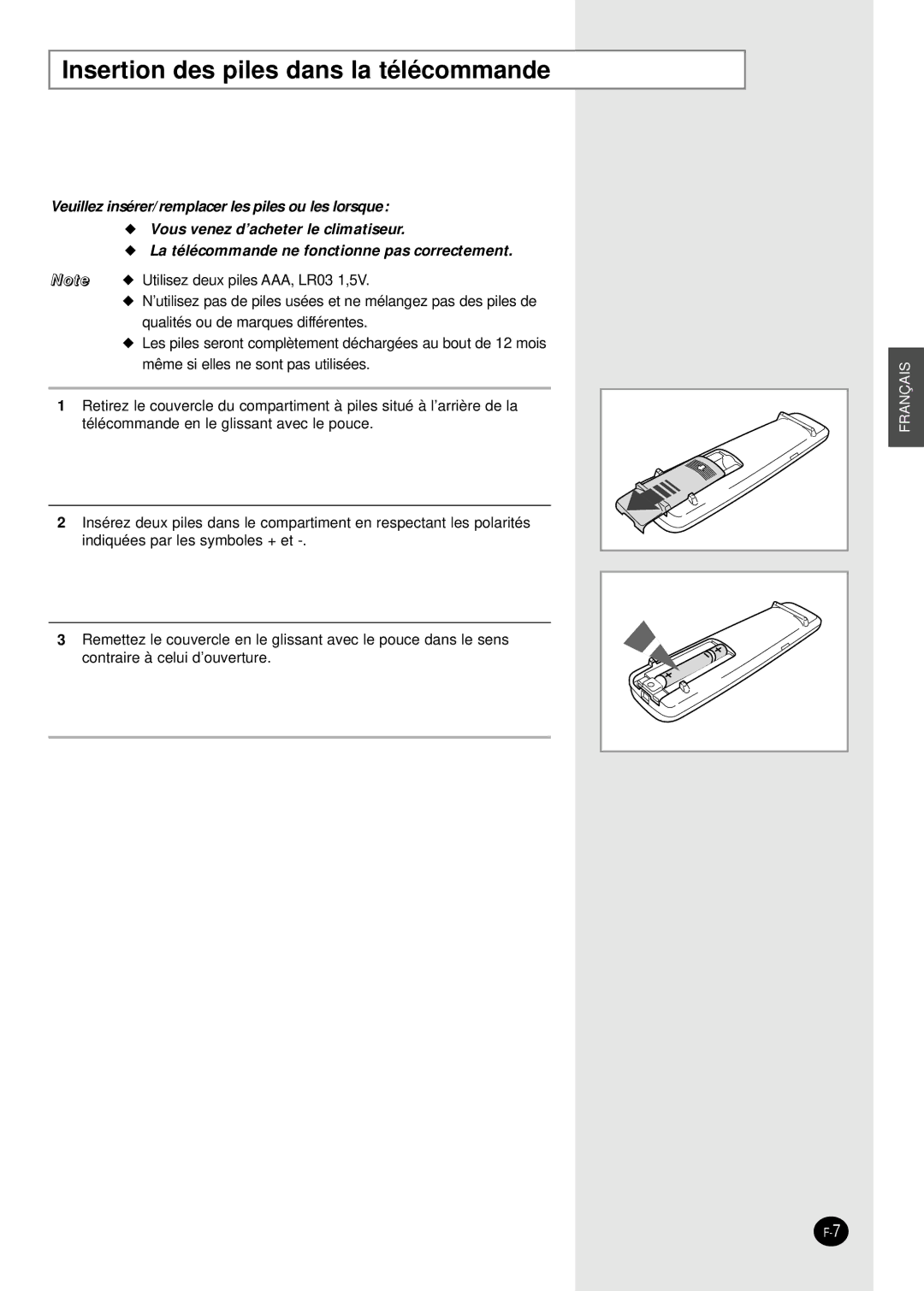 Samsung SH24AW6X, SH18AW6X manual Insertion des piles dans la télécommande 