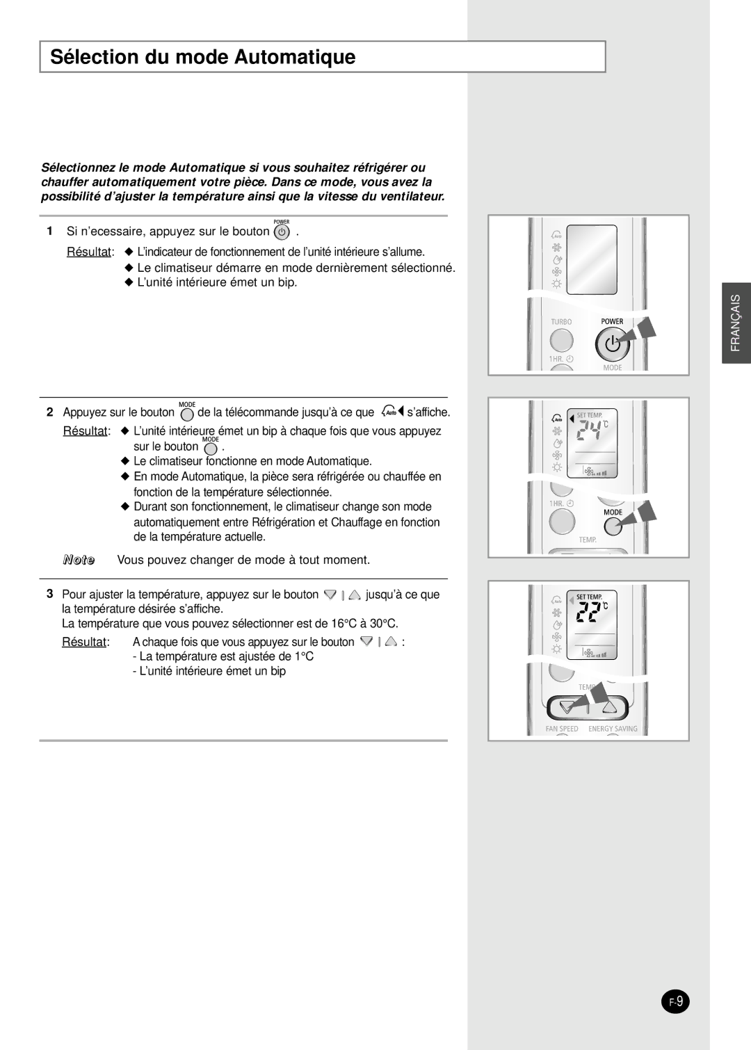 Samsung SH18AW6X, SH24AW6X manual Sélection du mode Automatique 