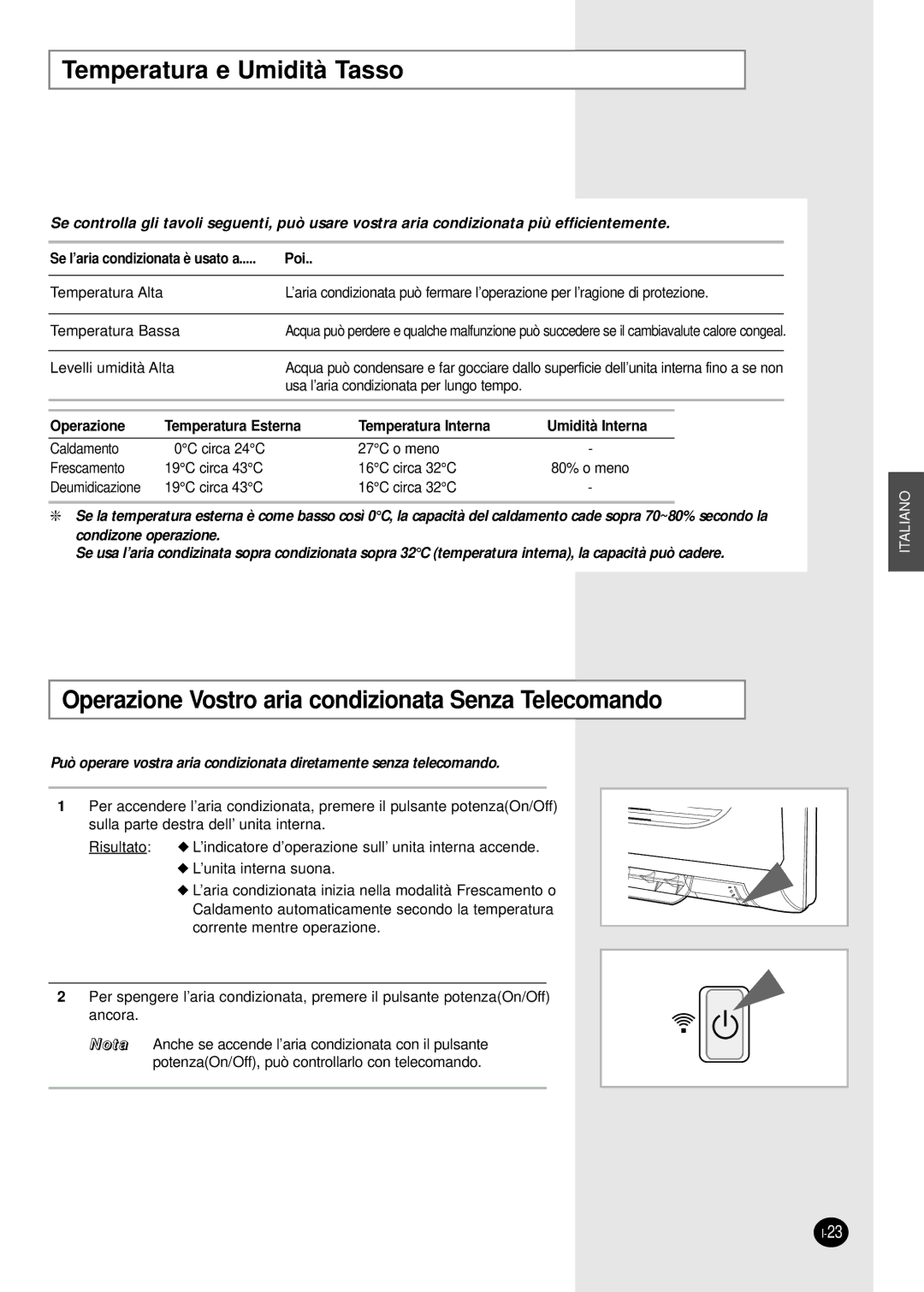 Samsung SH24AW6X, SH18AW6X manual Temperatura e Umidità Tasso, Operazione Vostro aria condizionata Senza Telecomando 