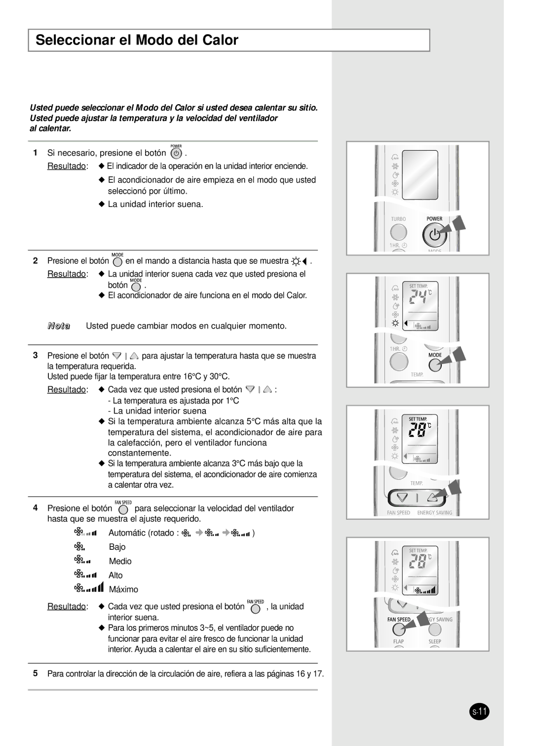 Samsung SH24AW6X, SH18AW6X manual Seleccionar el Modo del Calor 