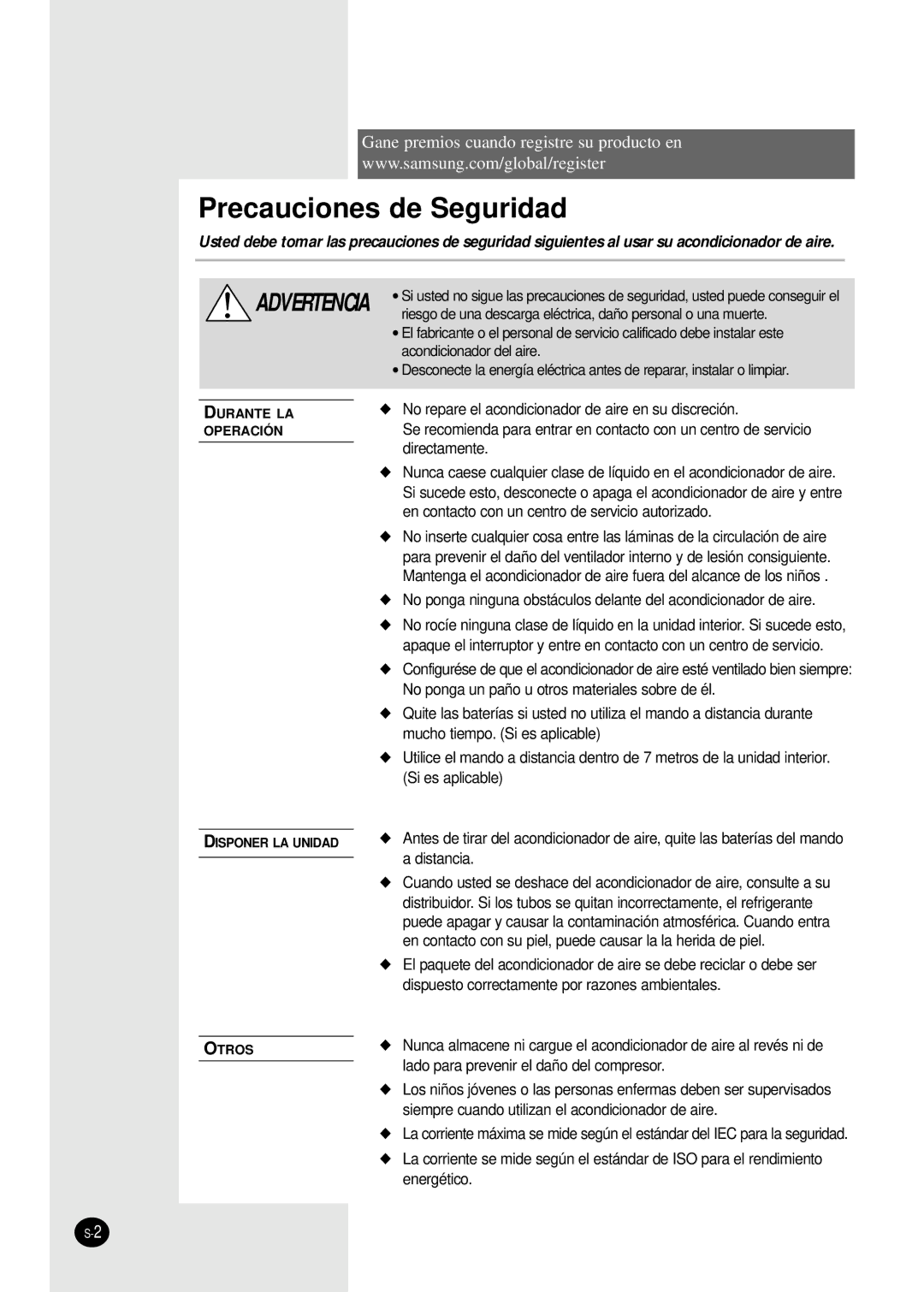 Samsung SH18AW6X, SH24AW6X manual Precauciones de Seguridad 