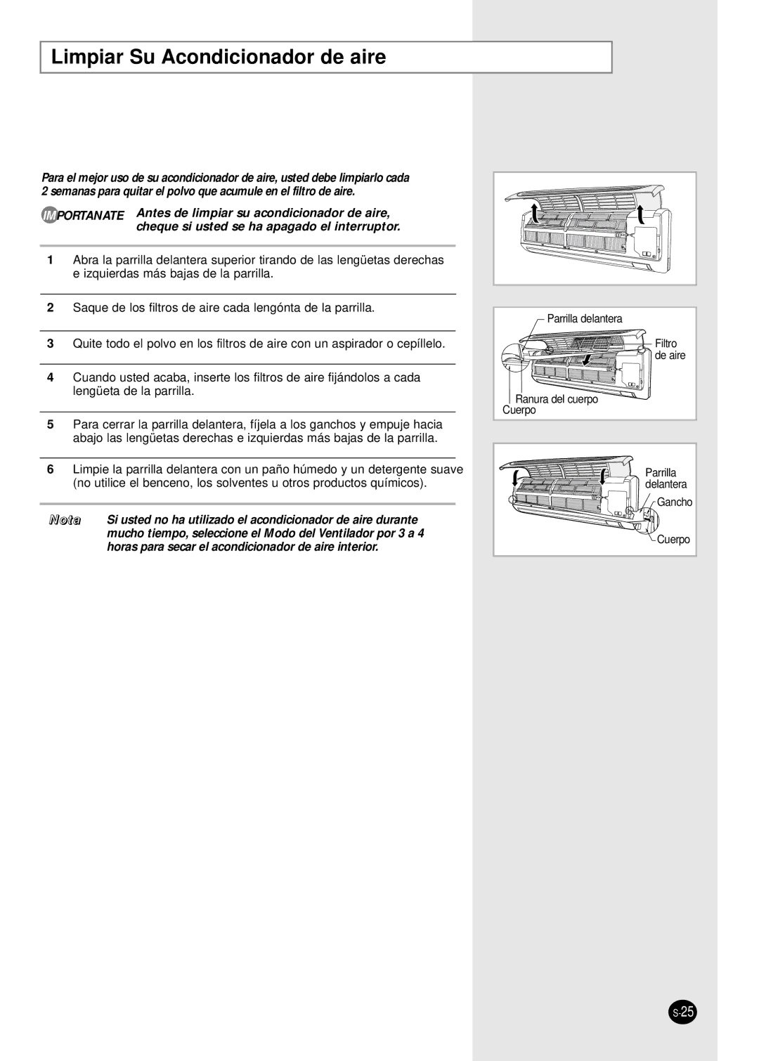 Samsung SH18AW6X, SH24AW6X manual Limpiar Su Acondicionador de aire, Nota 