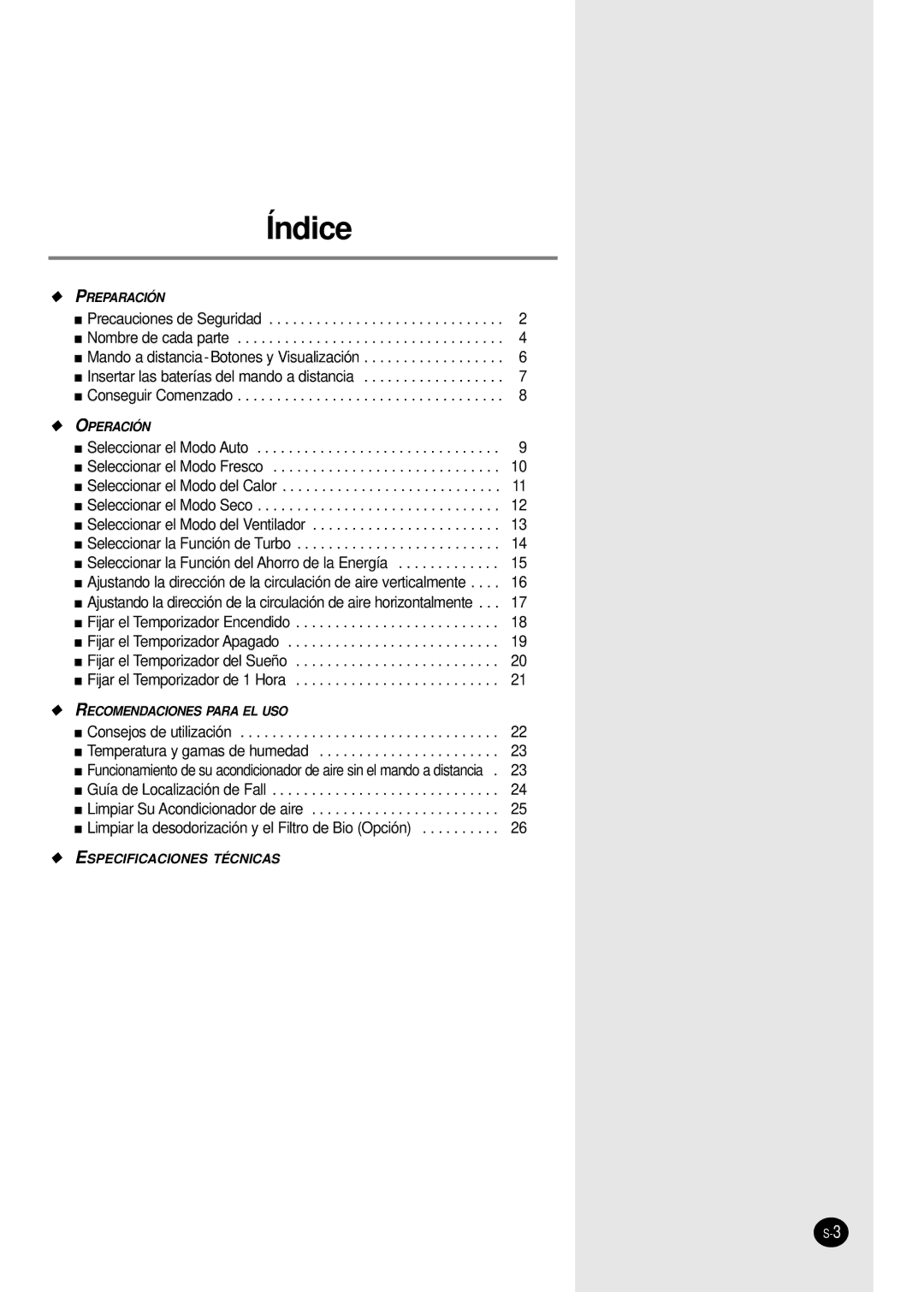 Samsung SH24AW6X, SH18AW6X manual Índice 