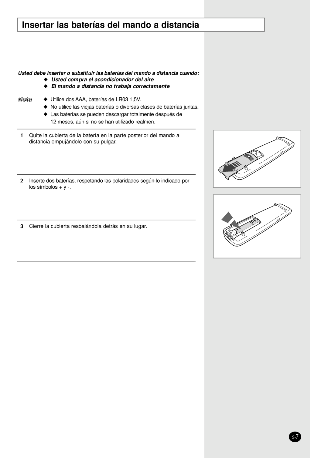 Samsung SH24AW6X, SH18AW6X manual Insertar las baterías del mando a distancia 