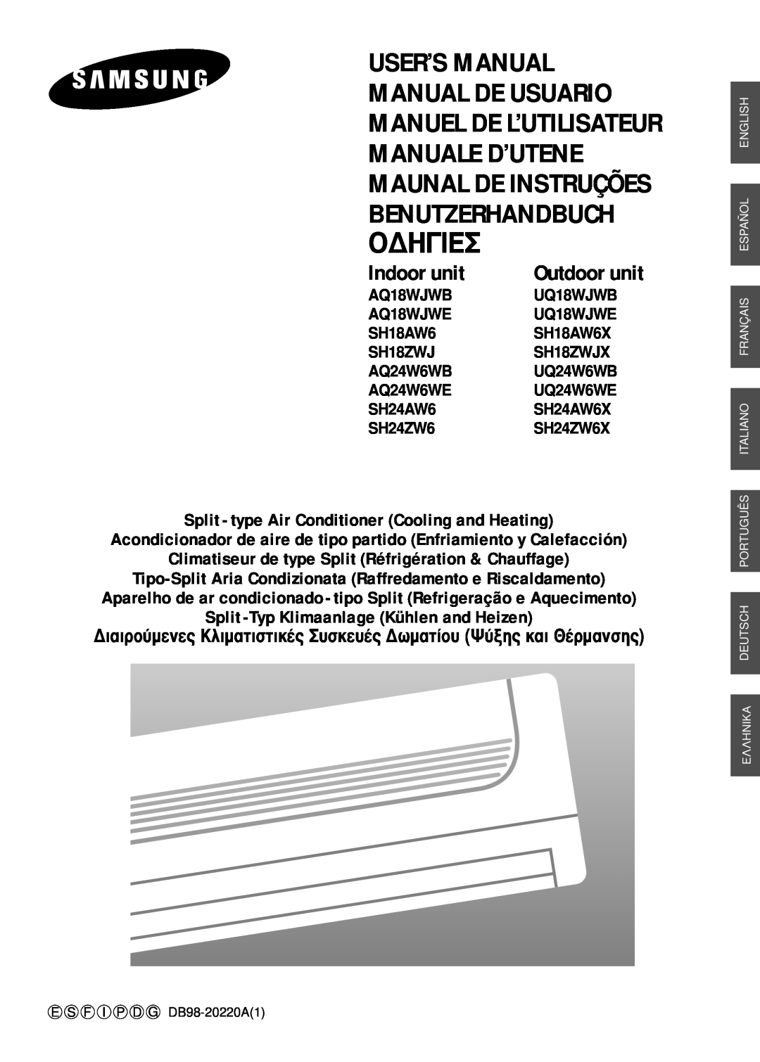 Samsung SH24AW6 manual Unidad Exterior, Manual De Usuario, Acondicionador De Aire De Tipo Partido, Unidad Interior 