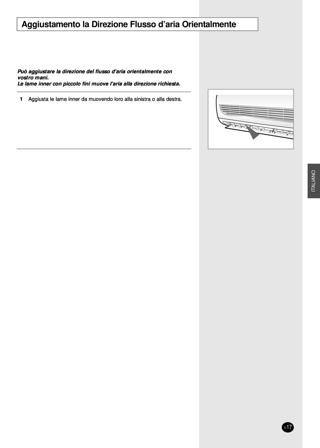 Samsung SH18AW6X, SH24AW6X manual Aggiustamento la Direzione Flusso d’aria Orientalmente, Italiano, I-17 