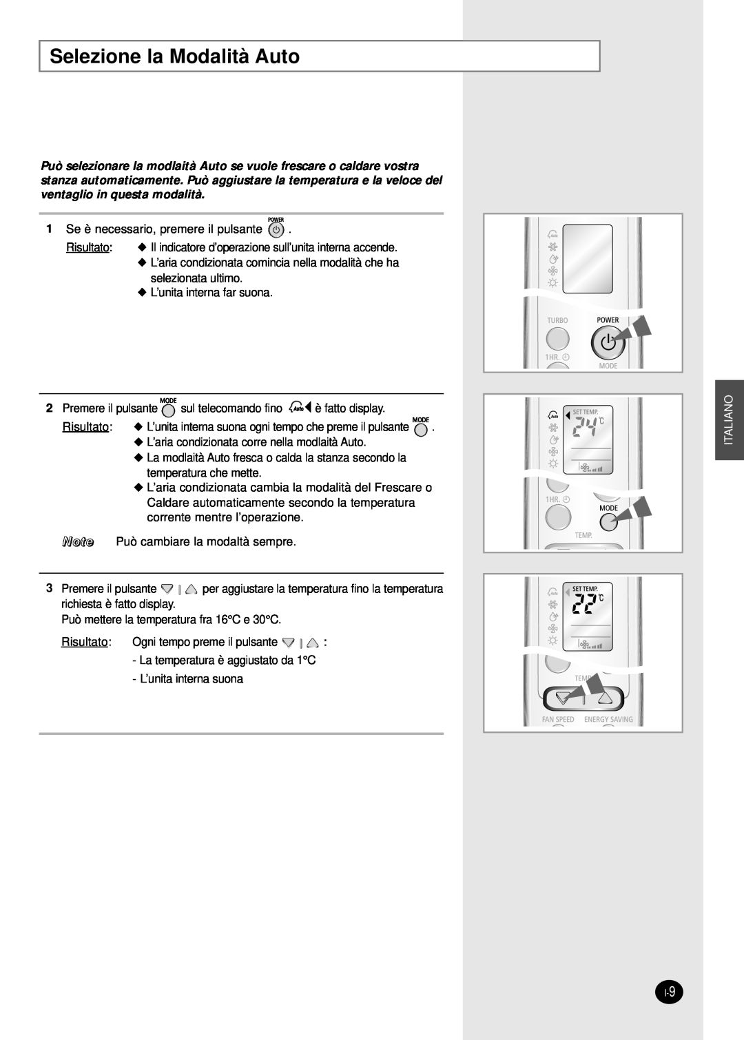 Samsung SH18AW6X, SH24AW6X manual Selezione la Modalità Auto, Italiano 