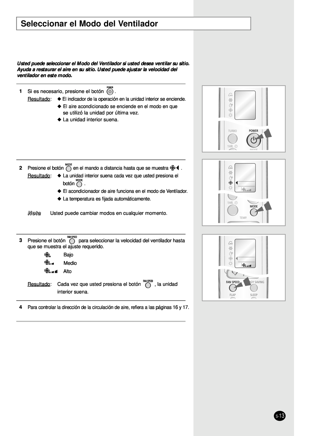Samsung SH18AW6X, SH24AW6X manual Seleccionar el Modo del Ventilador, S-13 