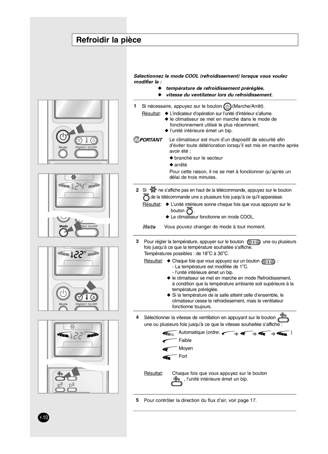 Samsung SH18BP6, SH24BP2 manual Refroidir la pièce 