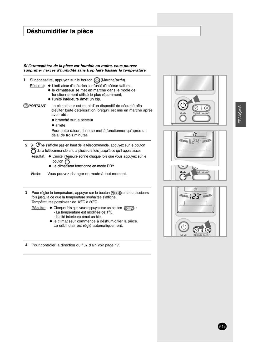 Samsung SH24BP2, SH18BP6 manual Déshumidifier la pièce 