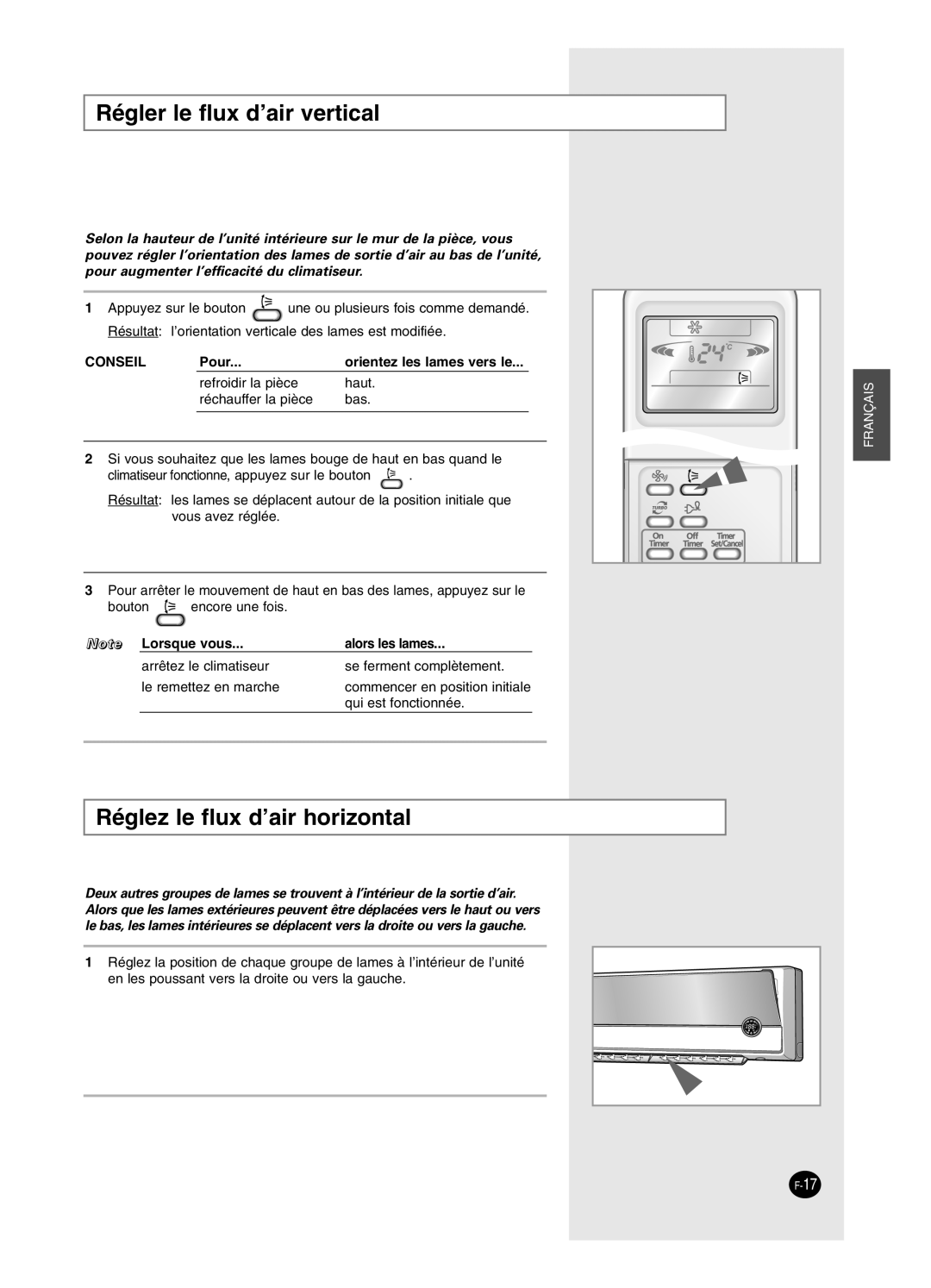 Samsung SH24BP2, SH18BP6 manual Régler le flux d’air vertical, Réglez le flux d’air horizontal 