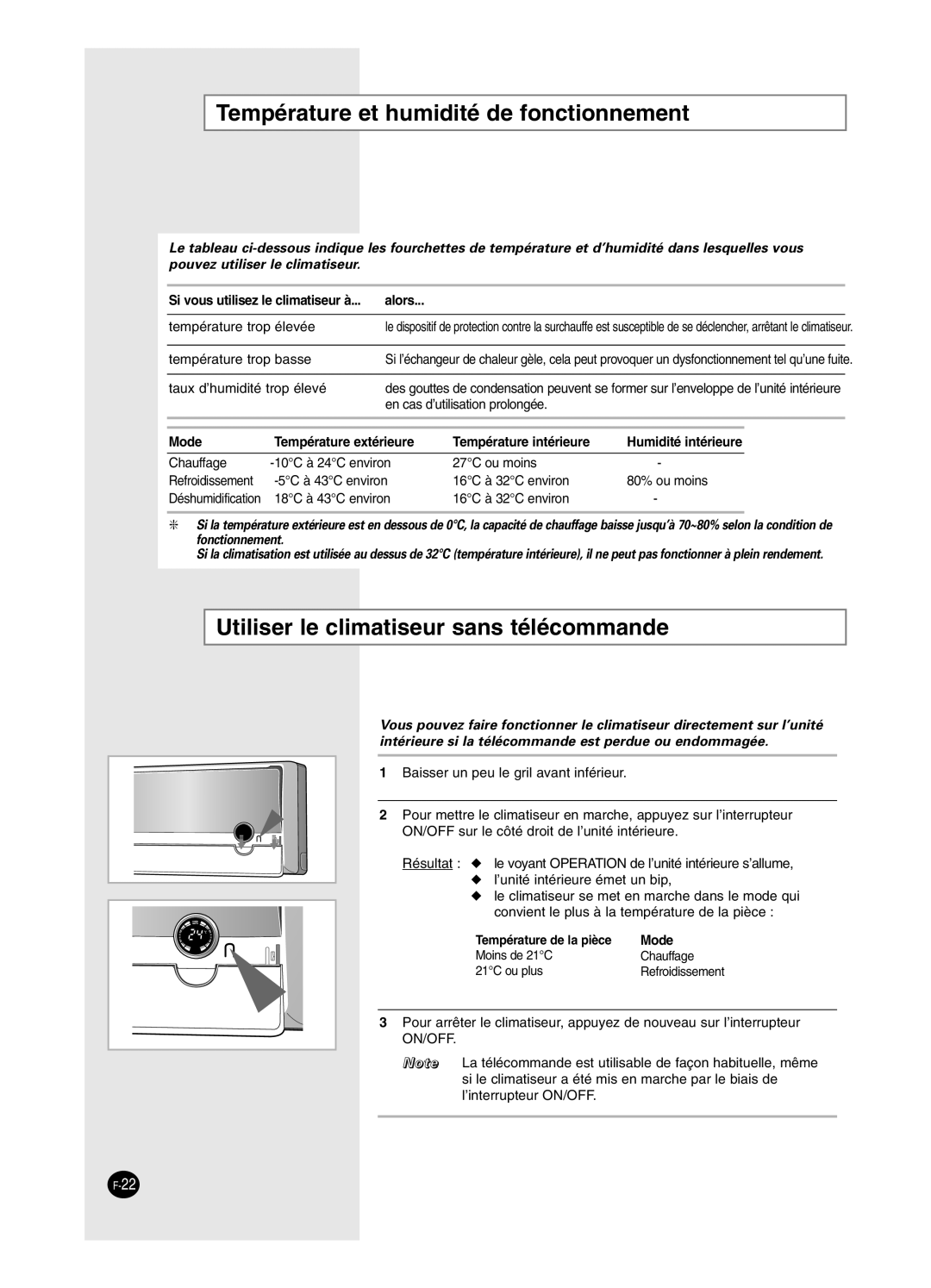 Samsung SH18BP6, SH24BP2 manual Température et humidité de fonctionnement, Utiliser le climatiseur sans télécommande 