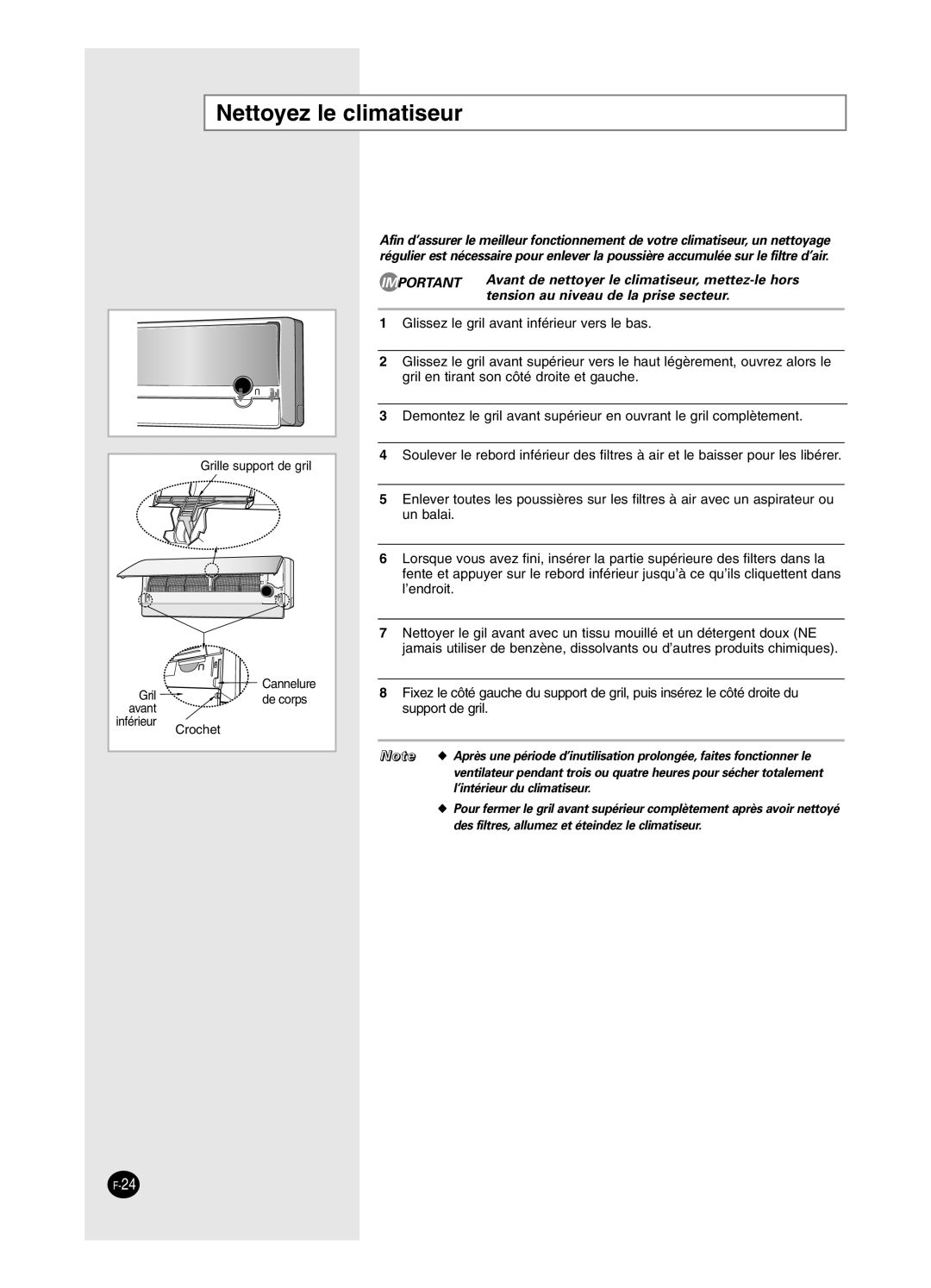 Samsung SH18BP6, SH24BP2 manual Nettoyez le climatiseur, Tension au niveau de la prise secteur 