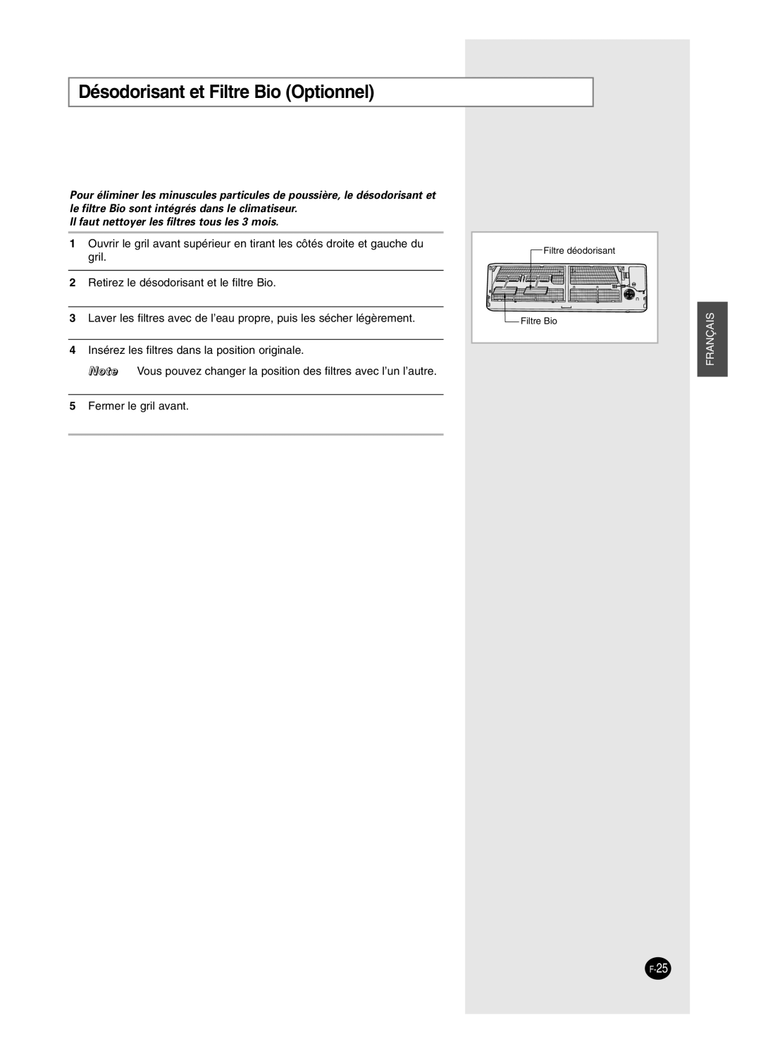 Samsung SH24BP2, SH18BP6 manual Désodorisant et Filtre Bio Optionnel 