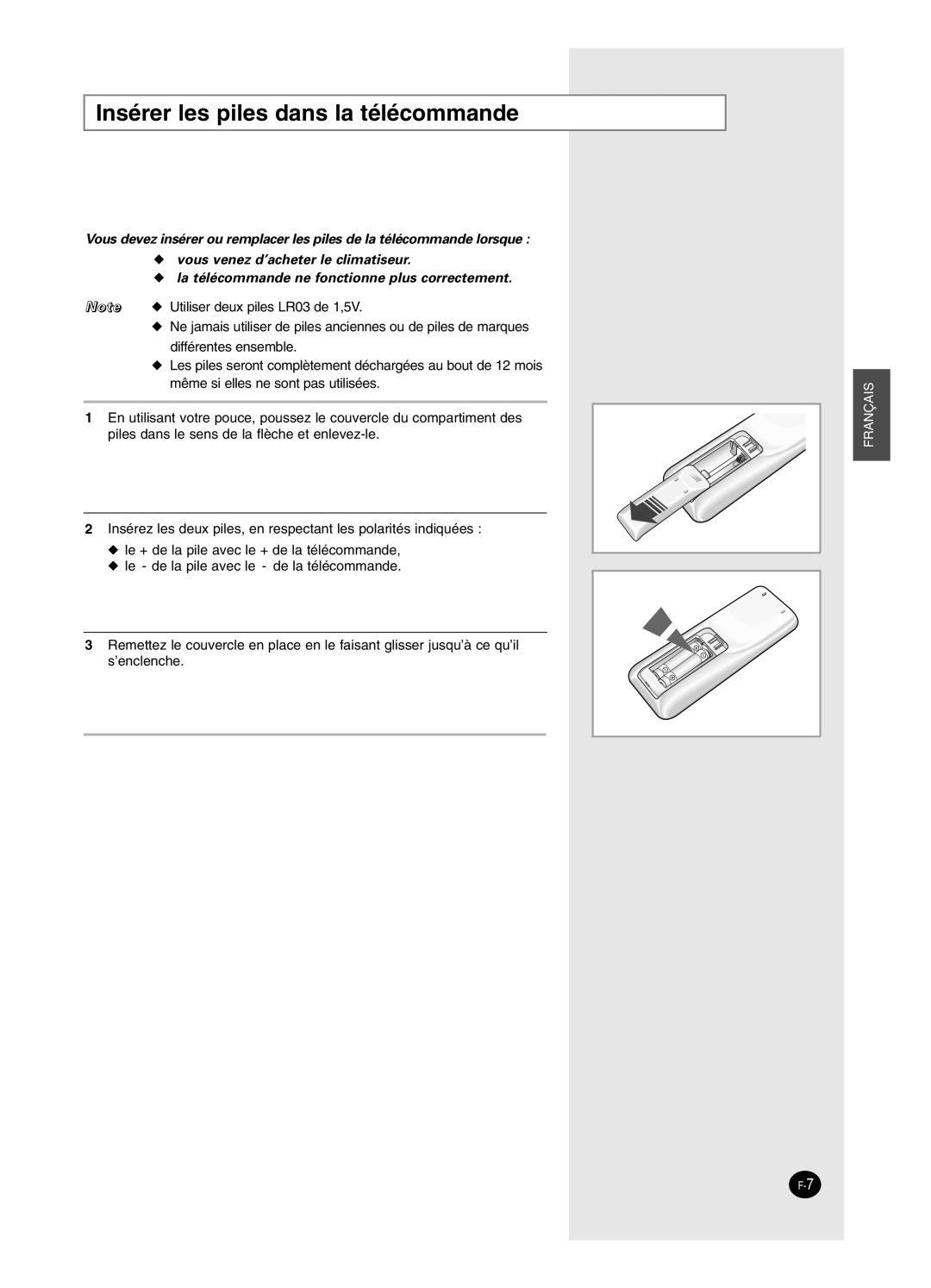 Samsung SH24BP2, SH18BP6 manual Insérer les piles dans la télécommande 