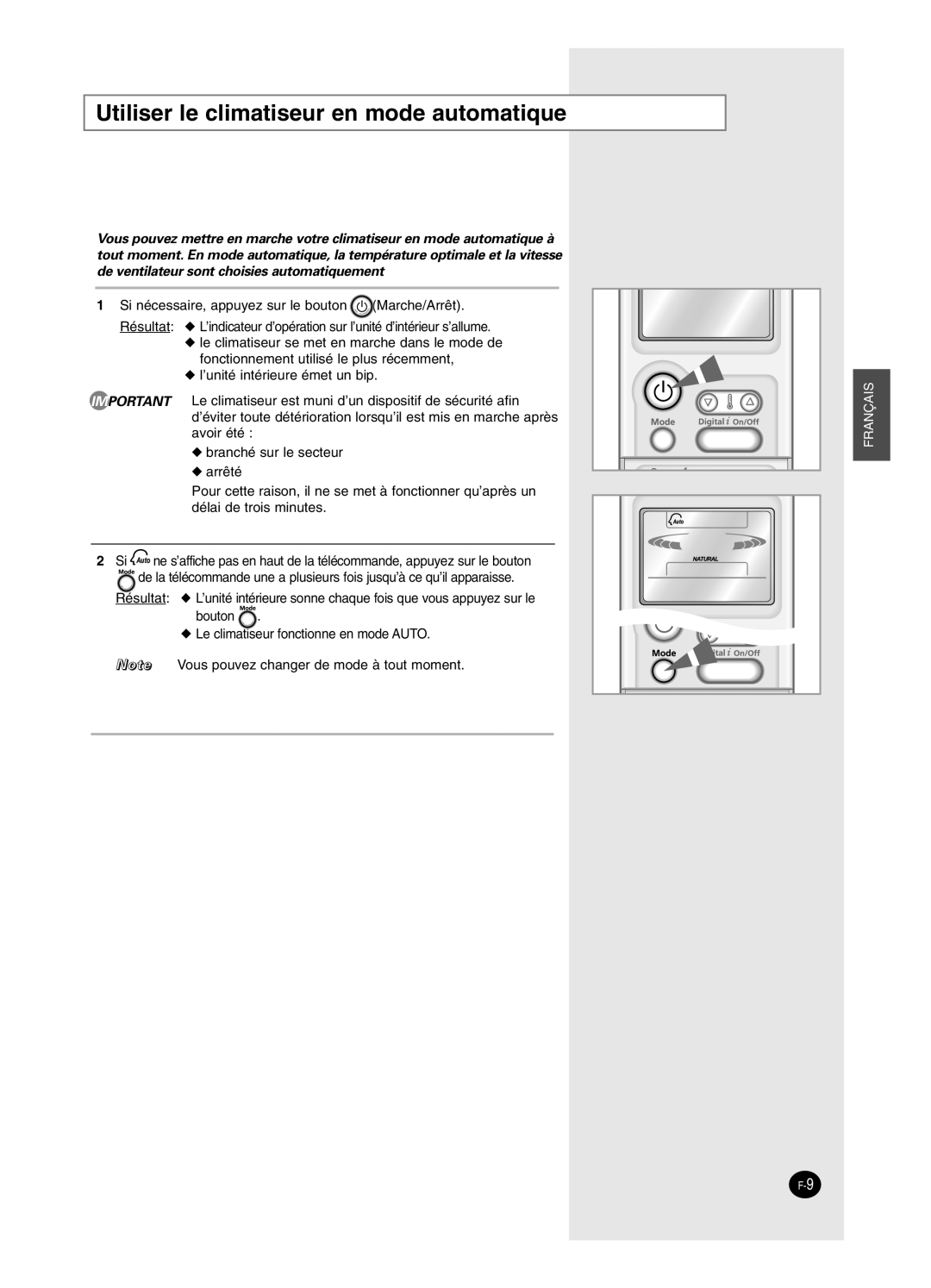 Samsung SH24BP2, SH18BP6 manual Utiliser le climatiseur en mode automatique 