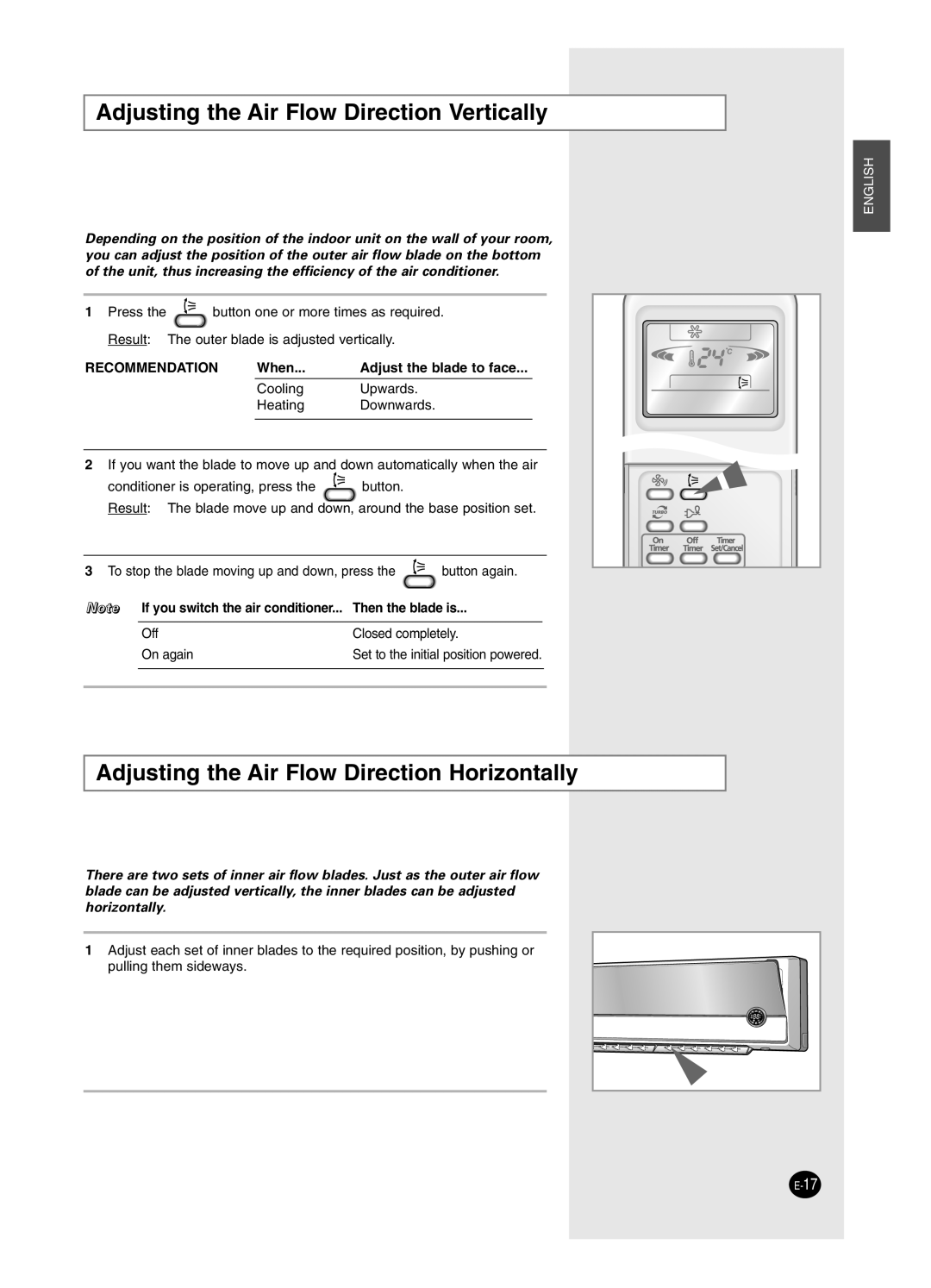 Samsung SH24BP2, SH18BP6 manual Adjusting the Air Flow Direction Vertically, Adjusting the Air Flow Direction Horizontally 