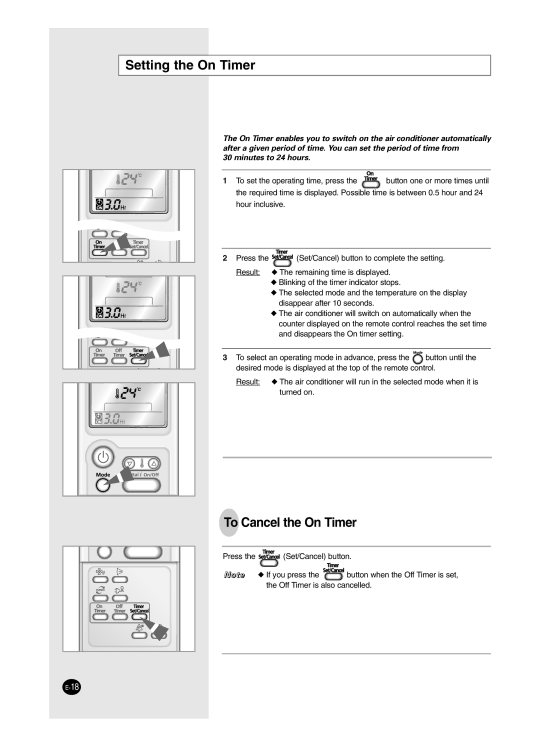 Samsung SH18BP6, SH24BP2 manual Setting the On Timer, To Cancel the On Timer 