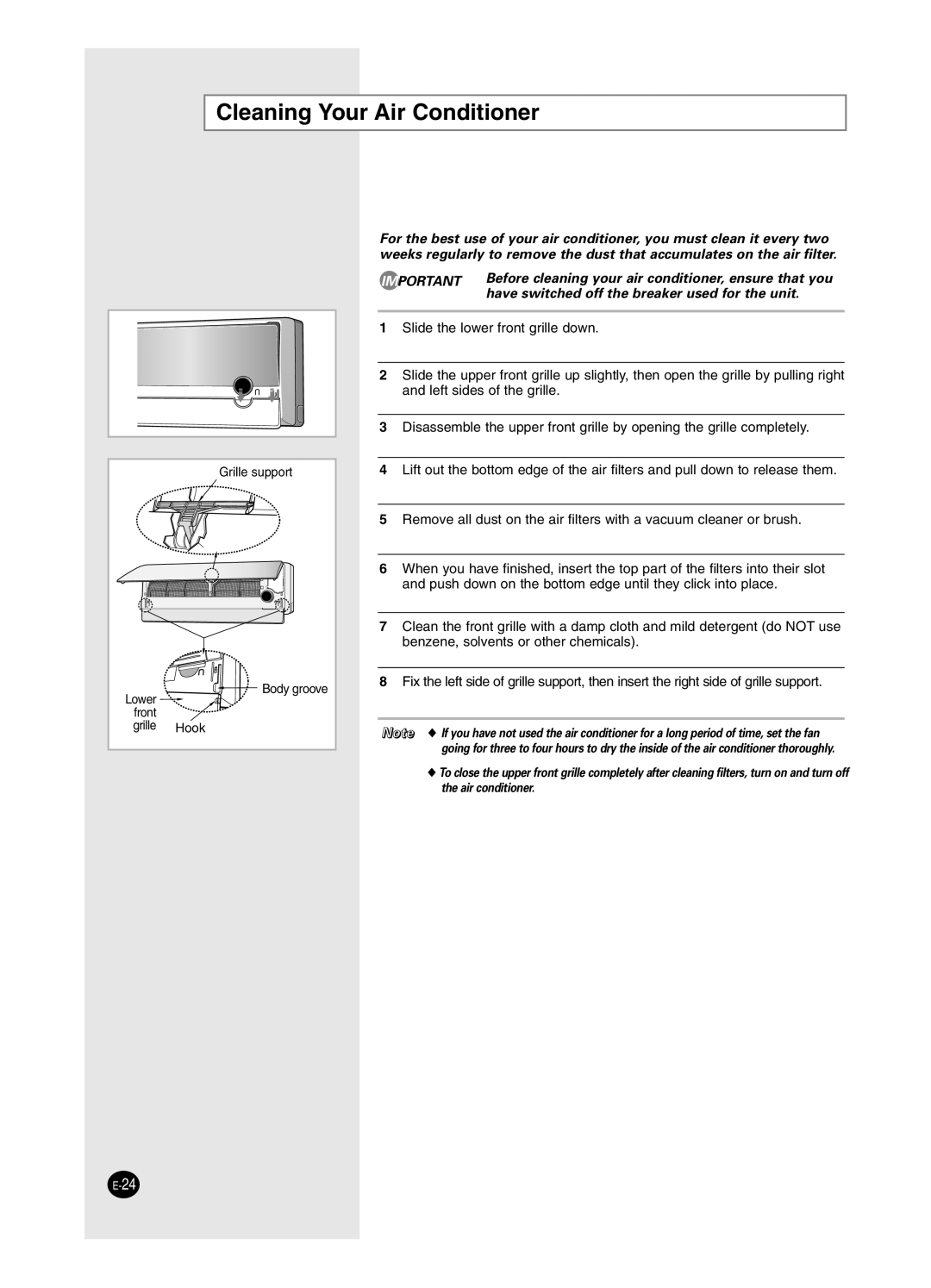 Samsung SH18BP6, SH24BP2 manual Cleaning Your Air Conditioner 