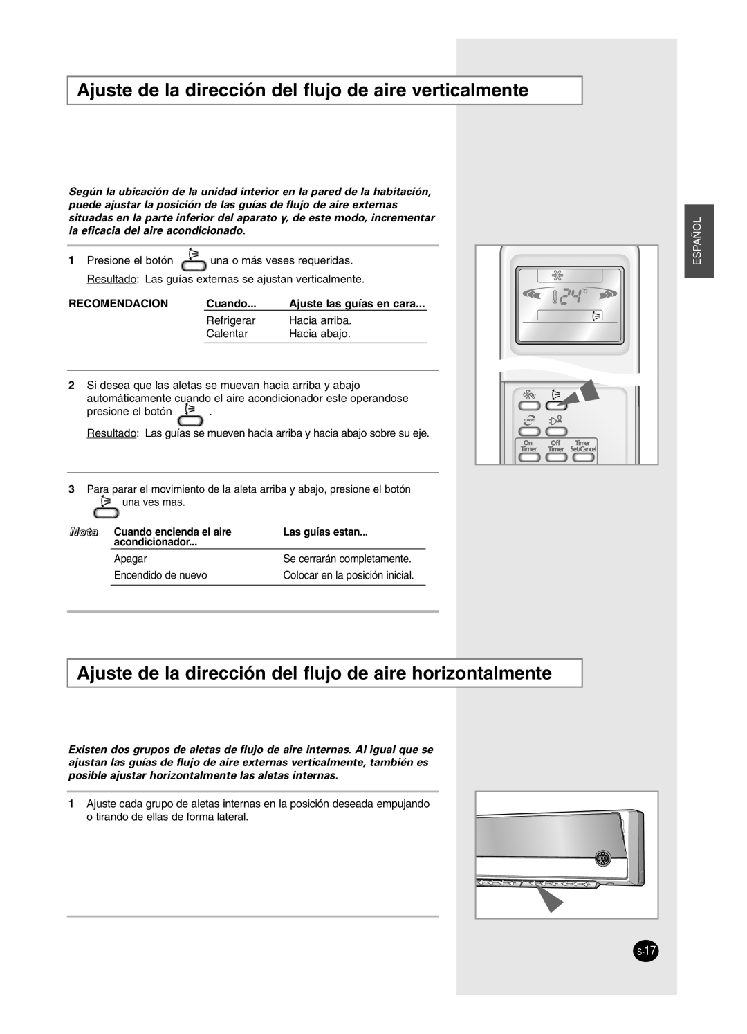 Samsung SH24BP2, SH18BP6 manual Ajuste de la dirección del flujo de aire verticalmente 