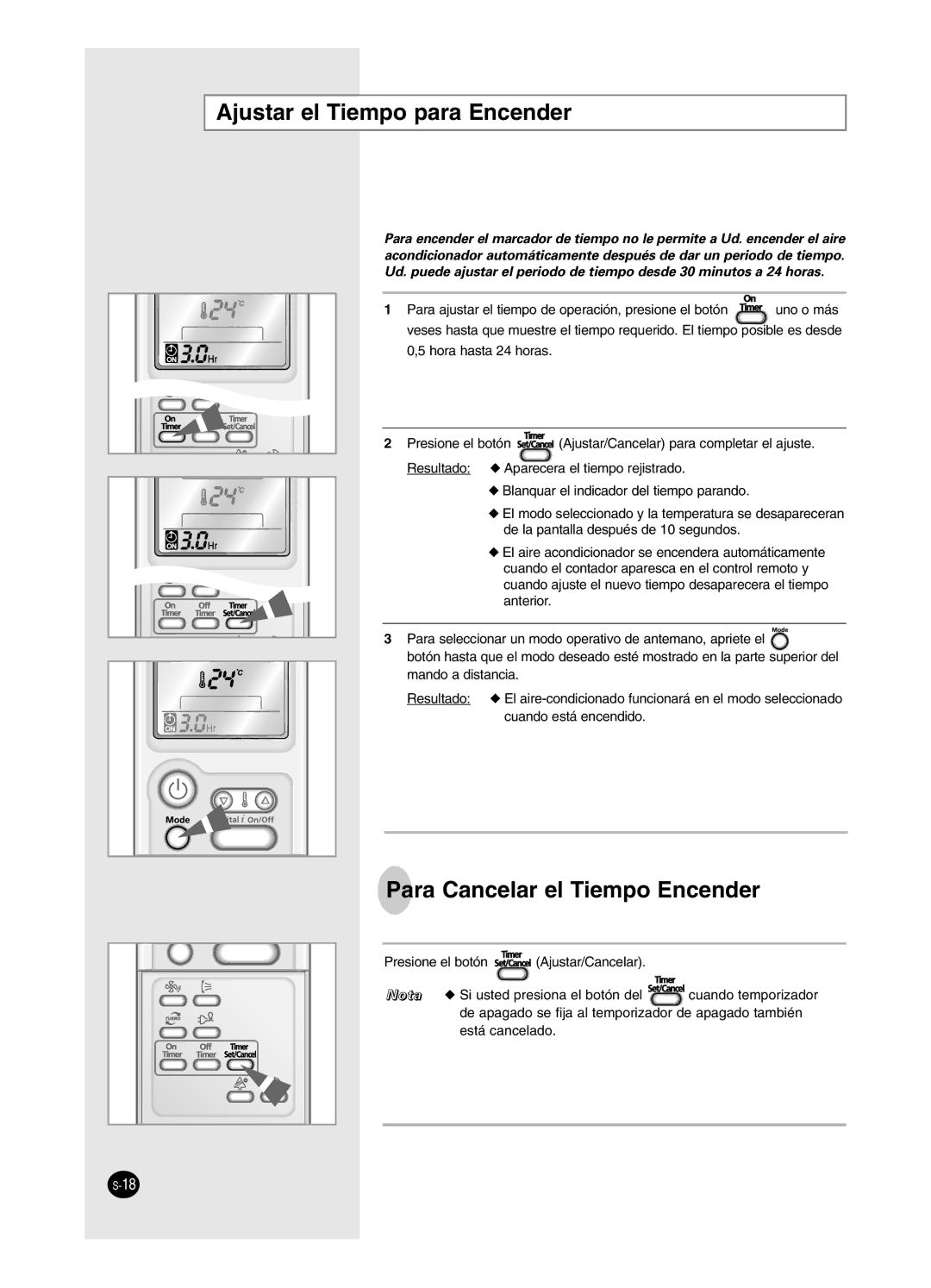 Samsung SH18BP6, SH24BP2 manual Ajustar el Tiempo para Encender, Para Cancelar el Tiempo Encender 