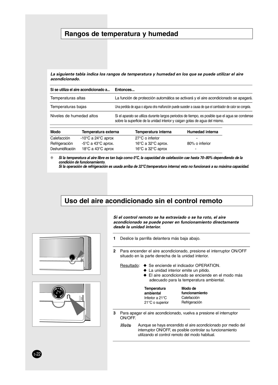 Samsung SH18BP6, SH24BP2 manual Rangos de temperatura y humedad, Uso del aire acondicionado sin el control remoto 