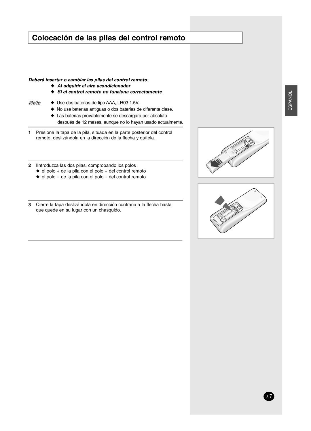 Samsung SH24BP2, SH18BP6 manual Colocación de las pilas del control remoto 