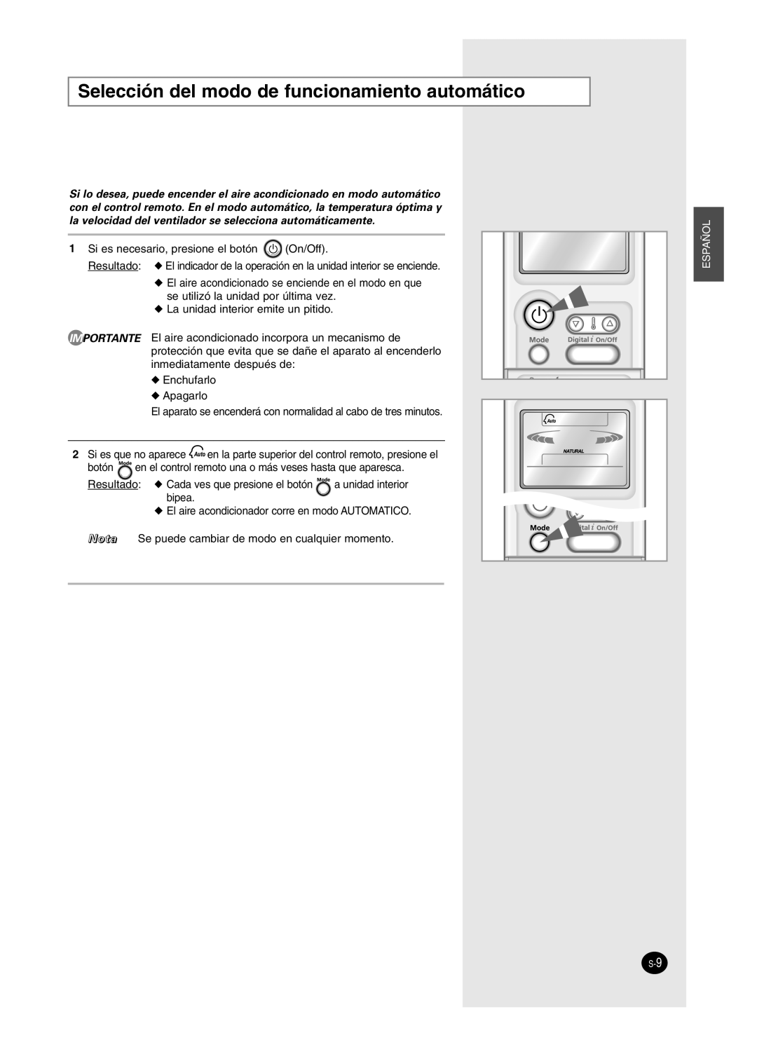 Samsung SH24BP2, SH18BP6 manual Selección del modo de funcionamiento automático 