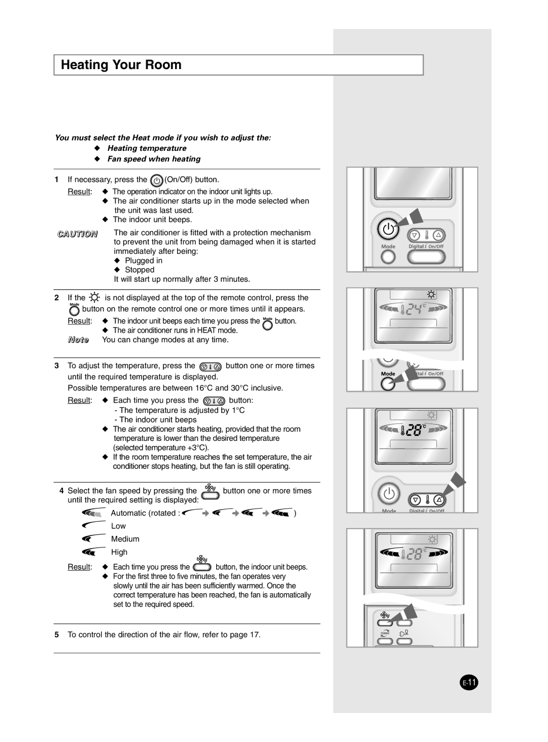 Samsung SH12ZP4E/XFO, SH18ZPJE/SER, SH12ZP4E/SER manual Heating Your Room 